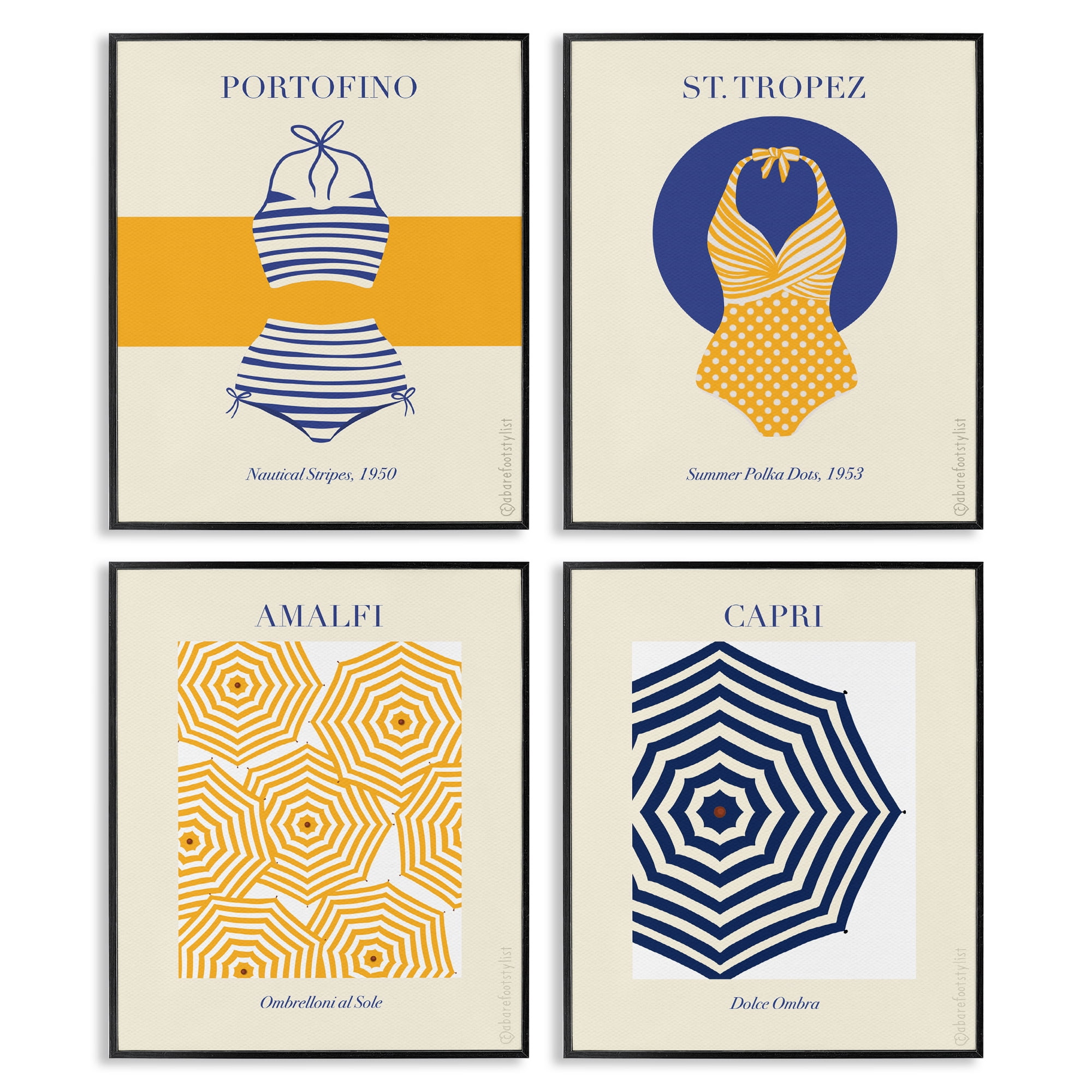 Stupell Industries Retro Beach Vacation Elements 4 Piece Black Framed Giclee Art Set, design by A Barefoot Stylist
