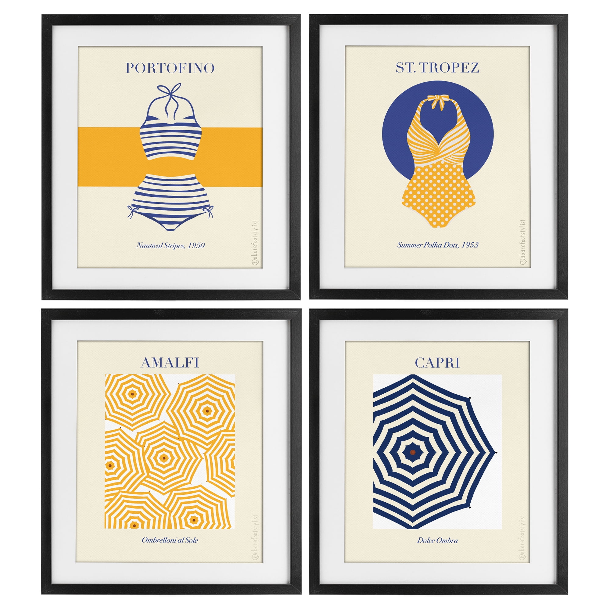 Stupell Industries Retro Beach Vacation Elements 4 Piece Black Framed Print Under Glass Set, design by A Barefoot Stylist