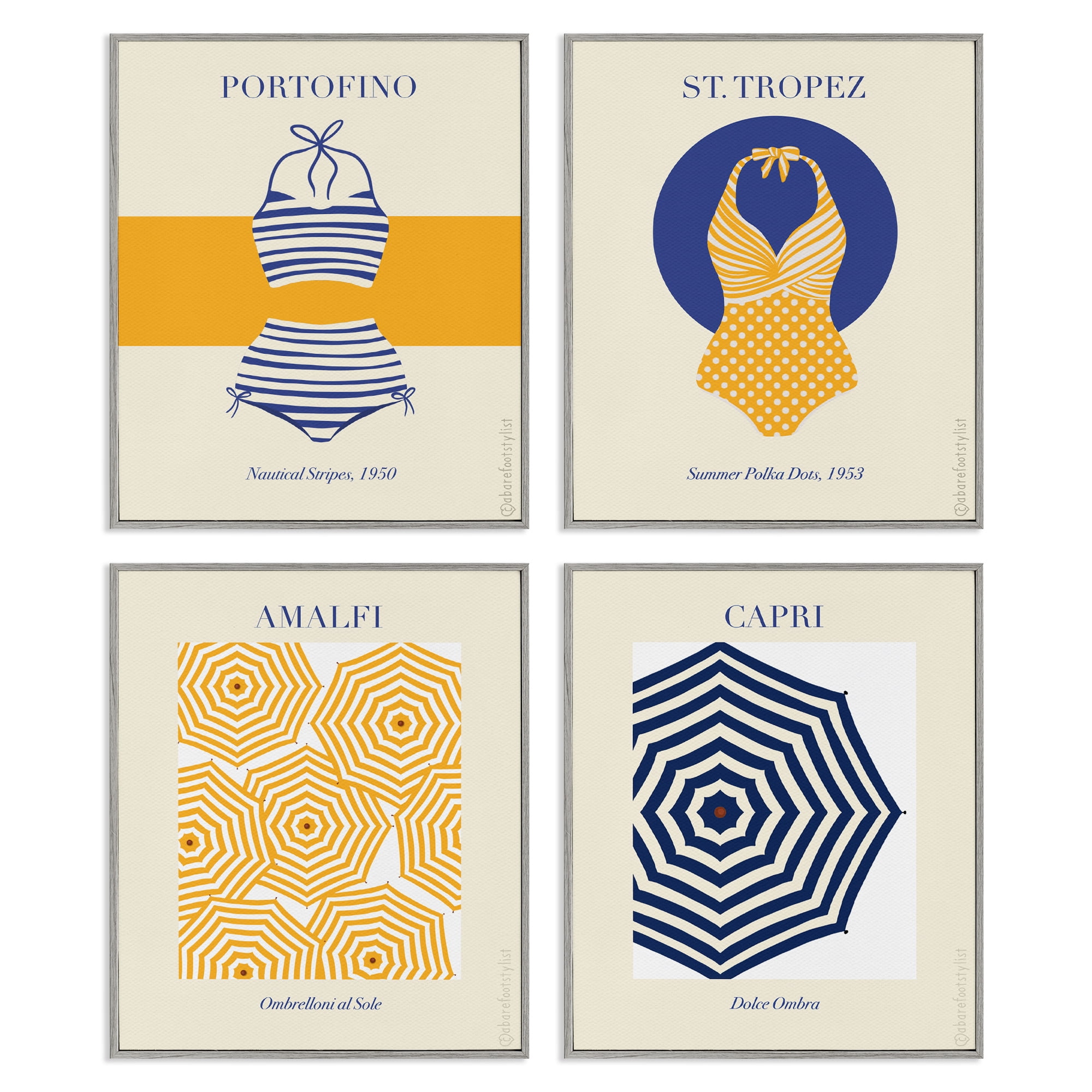 Stupell Industries Retro Beach Vacation Elements 4 Piece Gray Framed Giclee Art Set, design by A Barefoot Stylist