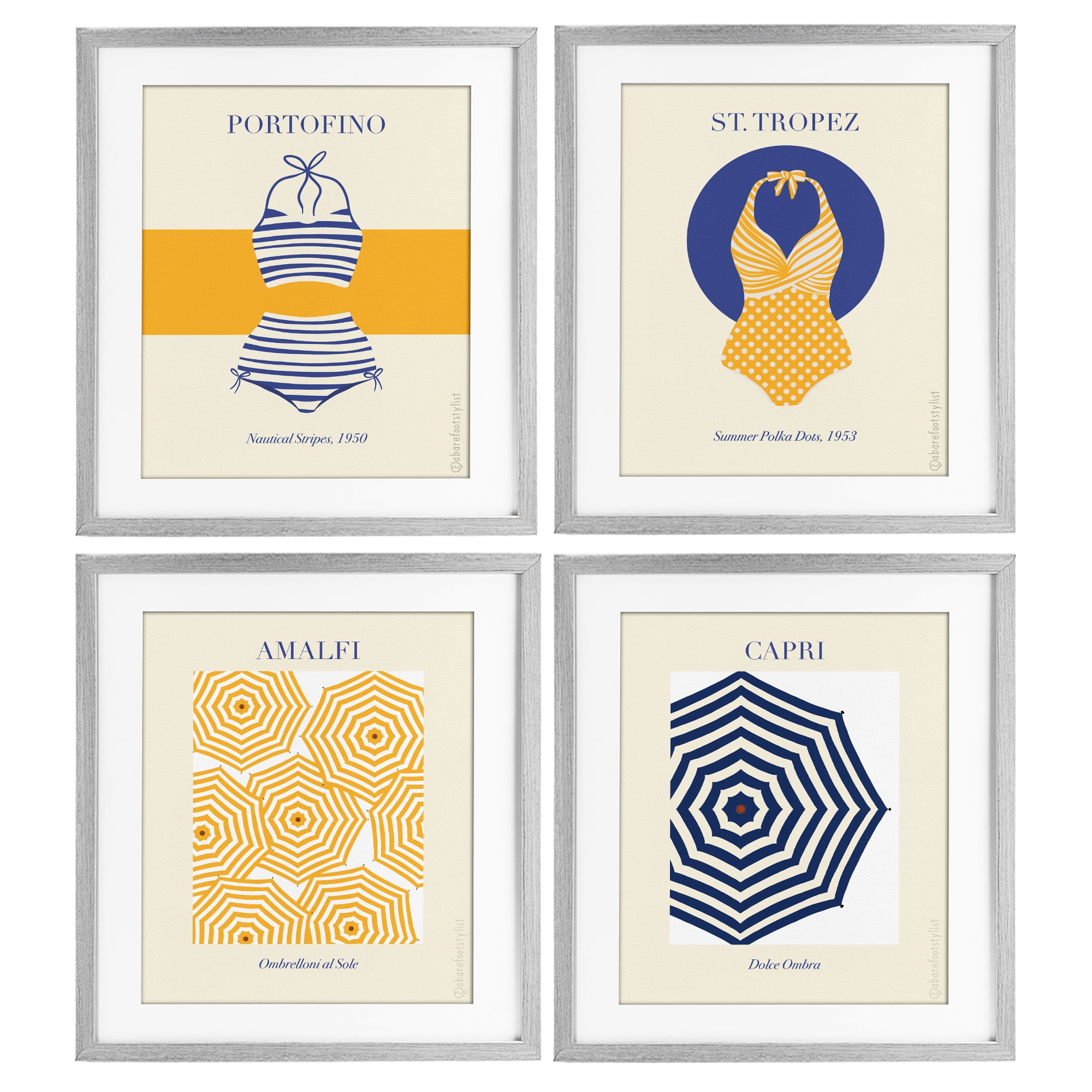 Stupell Industries Retro Beach Vacation Elements 4 Piece Gray Framed Print Under Glass Set, design by A Barefoot Stylist