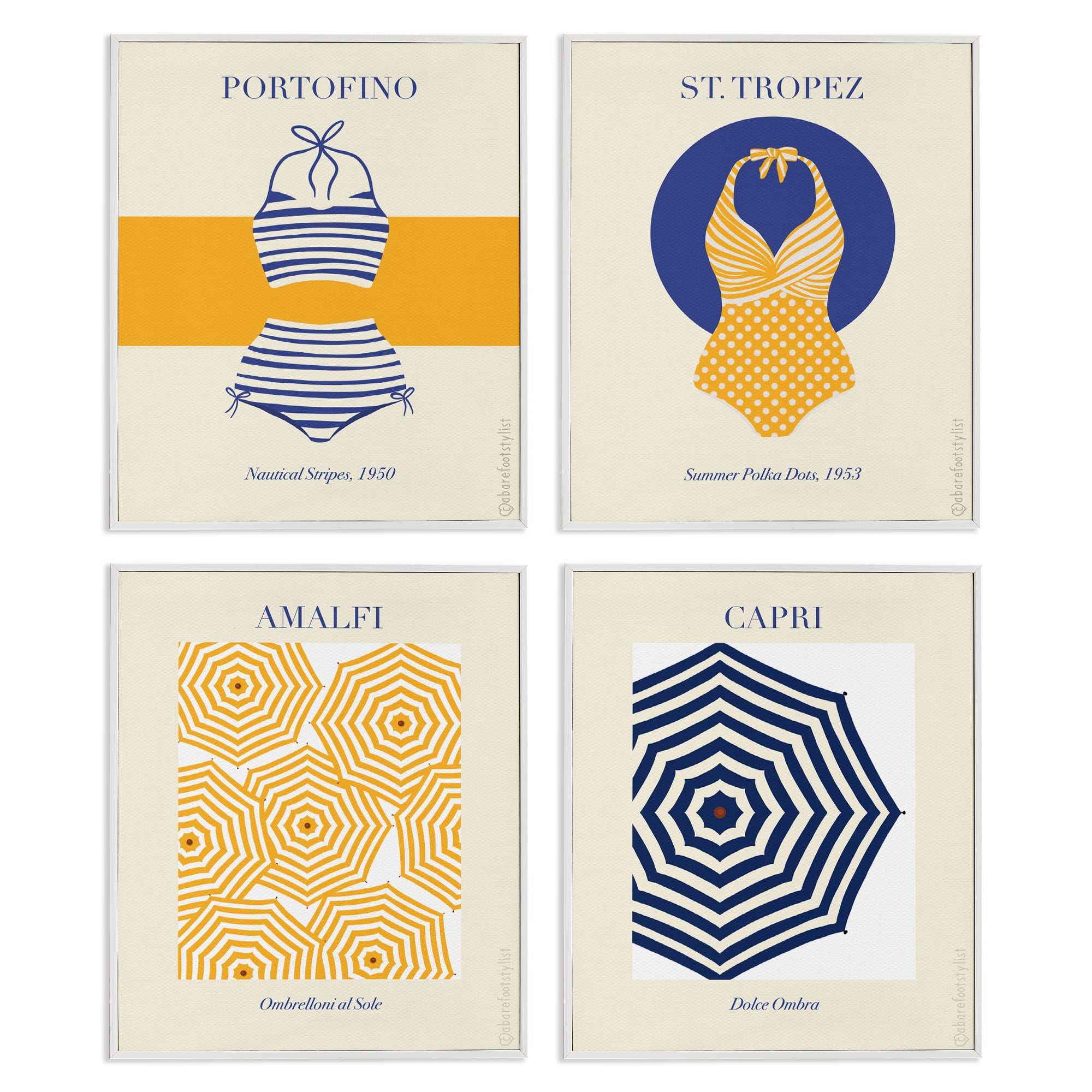 Stupell Industries Retro Beach Vacation Elements 4 Piece White Framed Giclee Art Set, design by A Barefoot Stylist