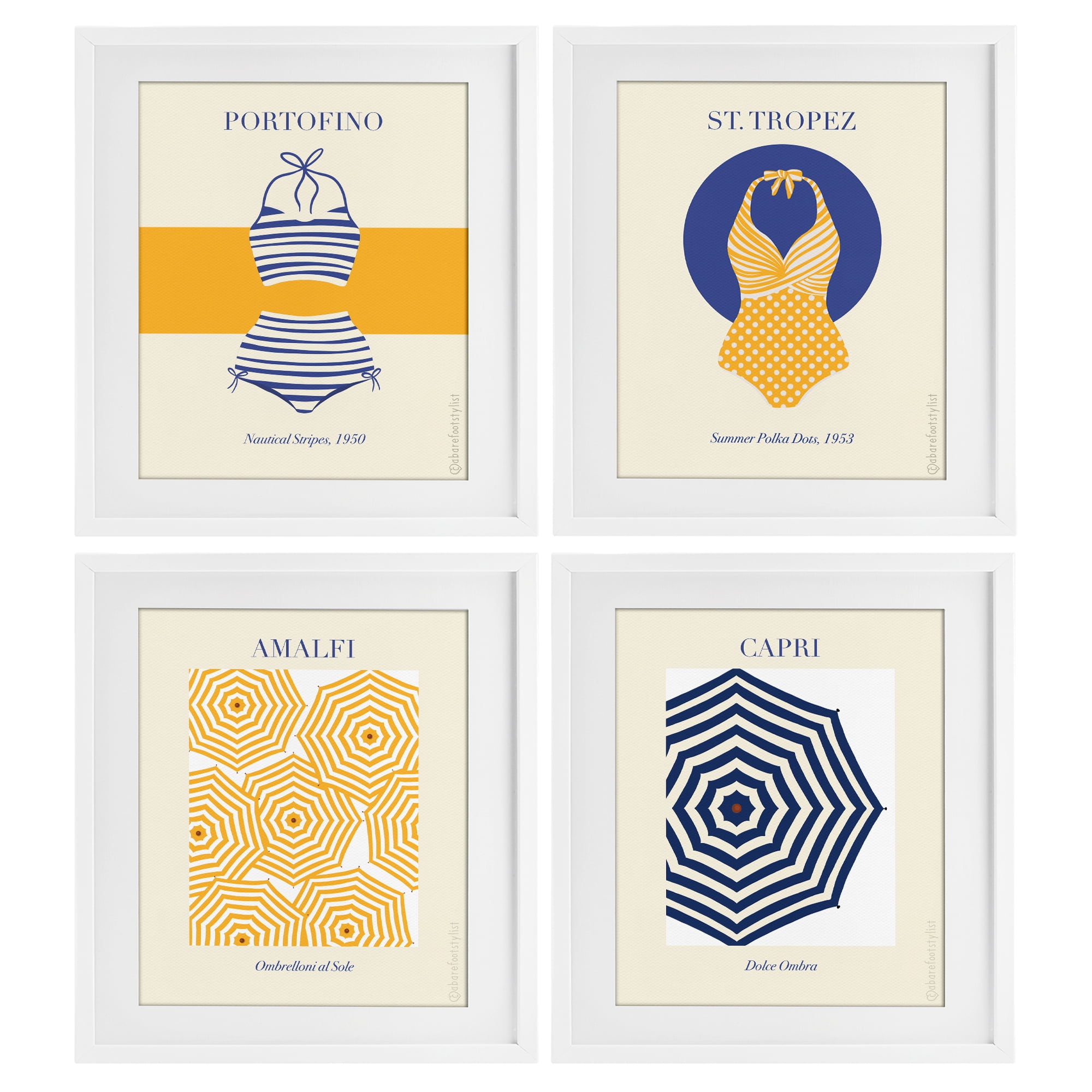 Stupell Industries Retro Beach Vacation Elements 4 Piece White Framed Print Under Glass Set, design by A Barefoot Stylist