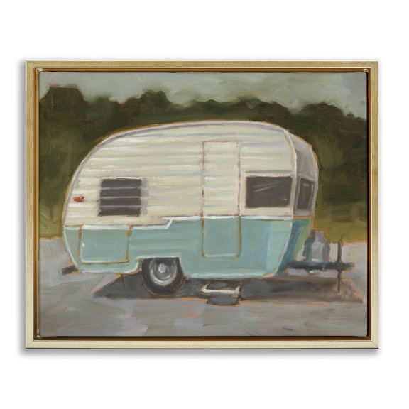 Stupell Industries Retro Camper View Transportation Painting Gold Floater Framed Canvas Art Print Wall Art, 21 x 17