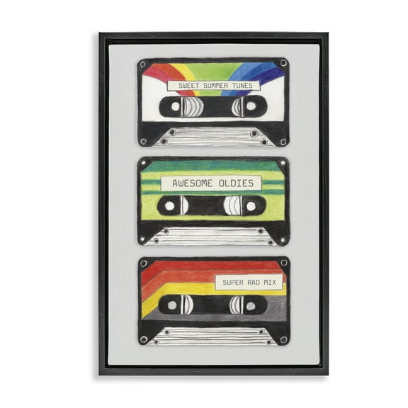 Stupell Industries Retro Cassette Tapes Performing Arts Painting Black Floater Framed Art Print Wall Art, 17 x 25