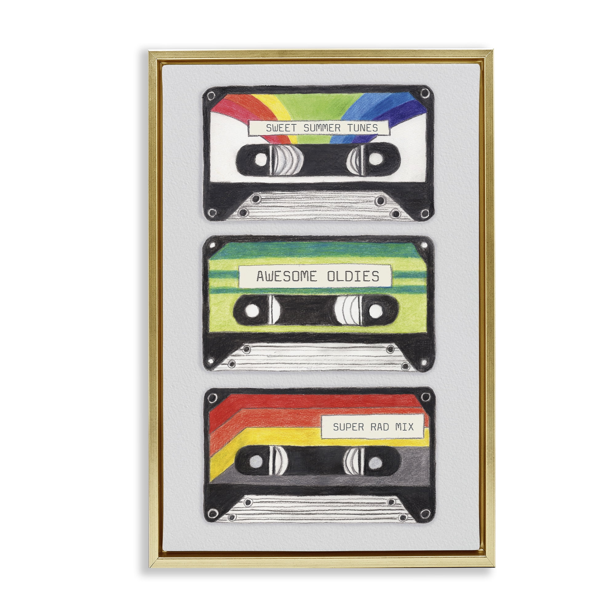 Stupell Industries Retro Cassette Tapes Performing Arts Painting Gold Floater Framed Art Print Wall Art, 21 x 31