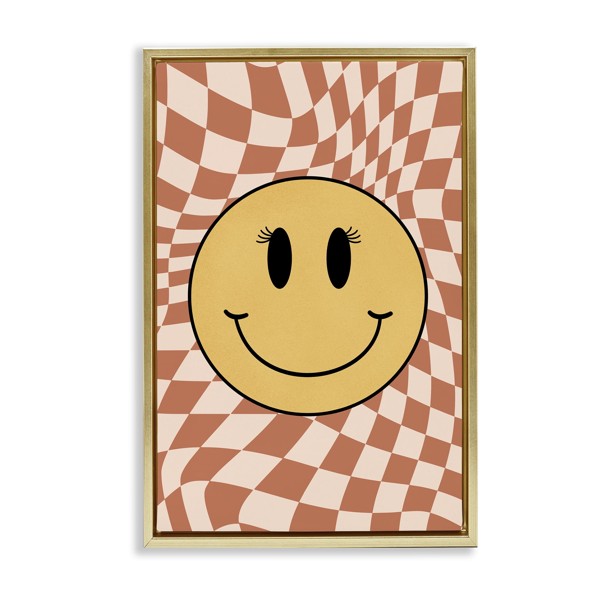 Stupell Industries Retro Checkered Smiley Novelty & Humor Painting Gold Floater Framed Canvas Art Print Wall Art, 17 x 25