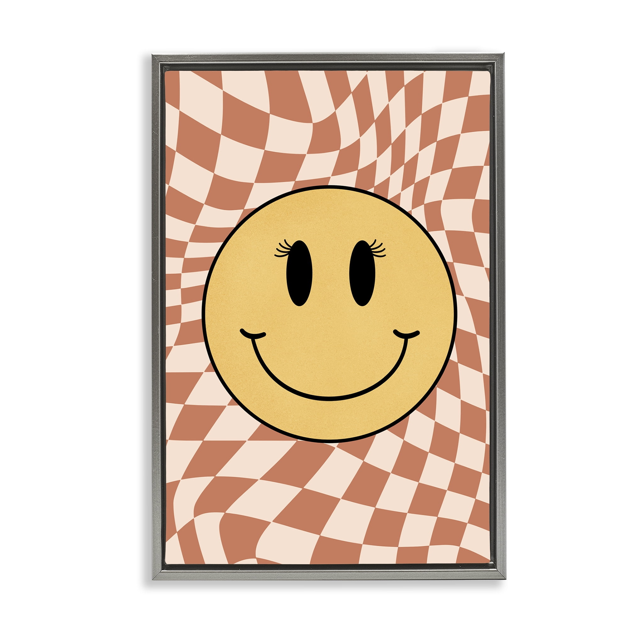 Stupell Industries Retro Checkered Smiley Novelty & Humor Painting Gray Floater Framed Canvas Art Print Wall Art, 21 x 31