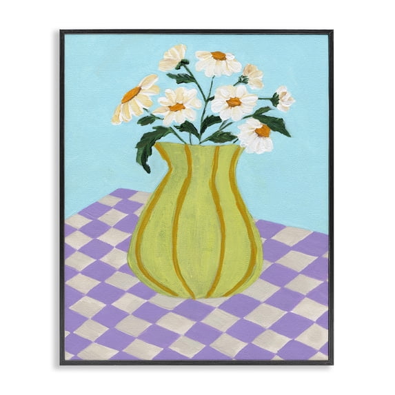Stupell Industries Retro Checkers Vase Plants & Flowers Painting Black Framed Art Print Wall Art, 16 x 20