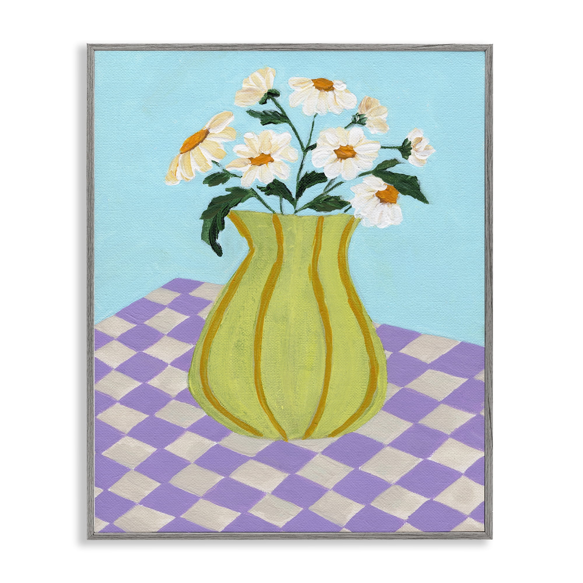 Stupell Industries Retro Checkers Vase Plants & Flowers Painting Gray Framed Art Print Wall Art, 11 x 14