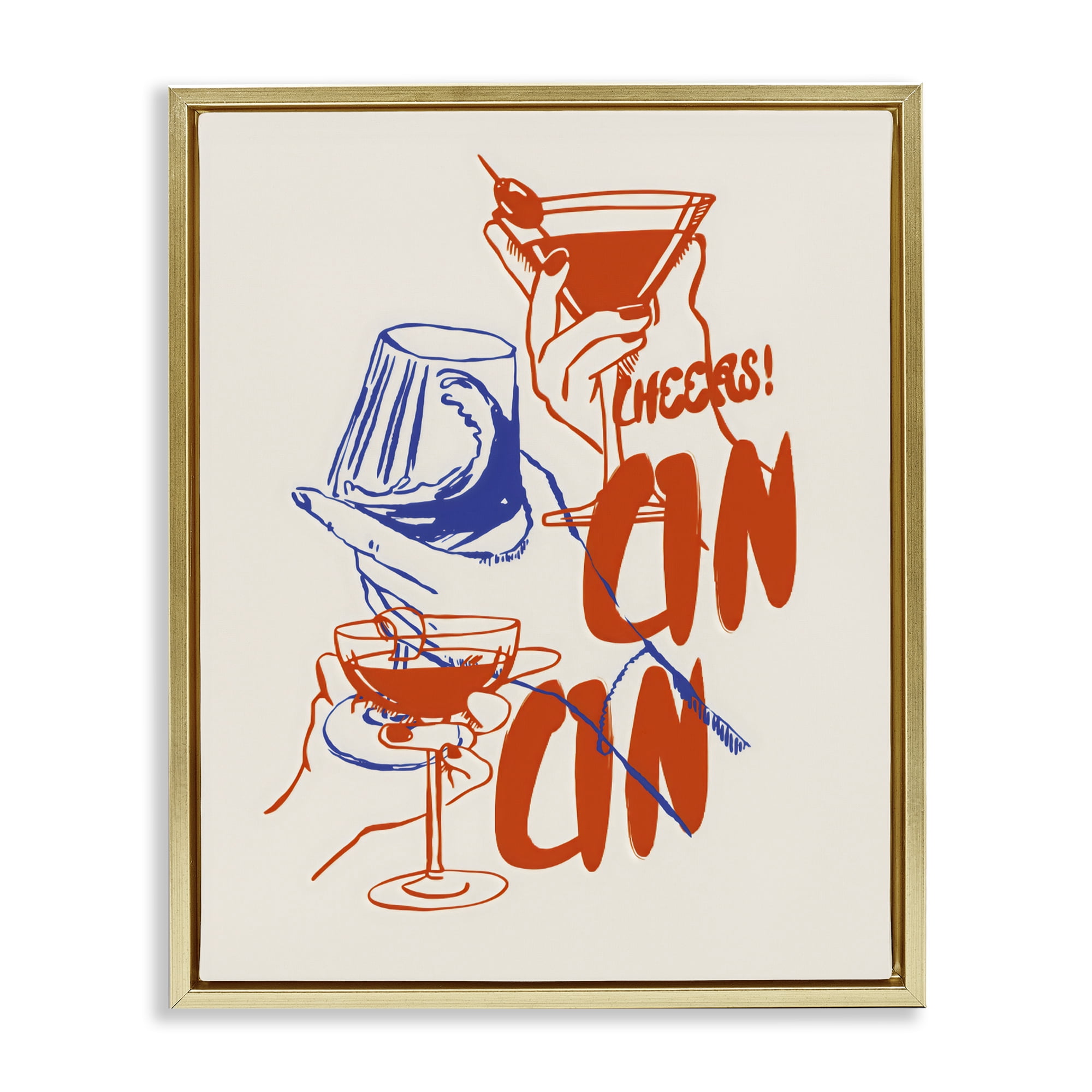 Stupell Industries Retro Cheers Cocktail Toast Gold Framed Floater Canvas Wall Art, design by The Prints Vibe
