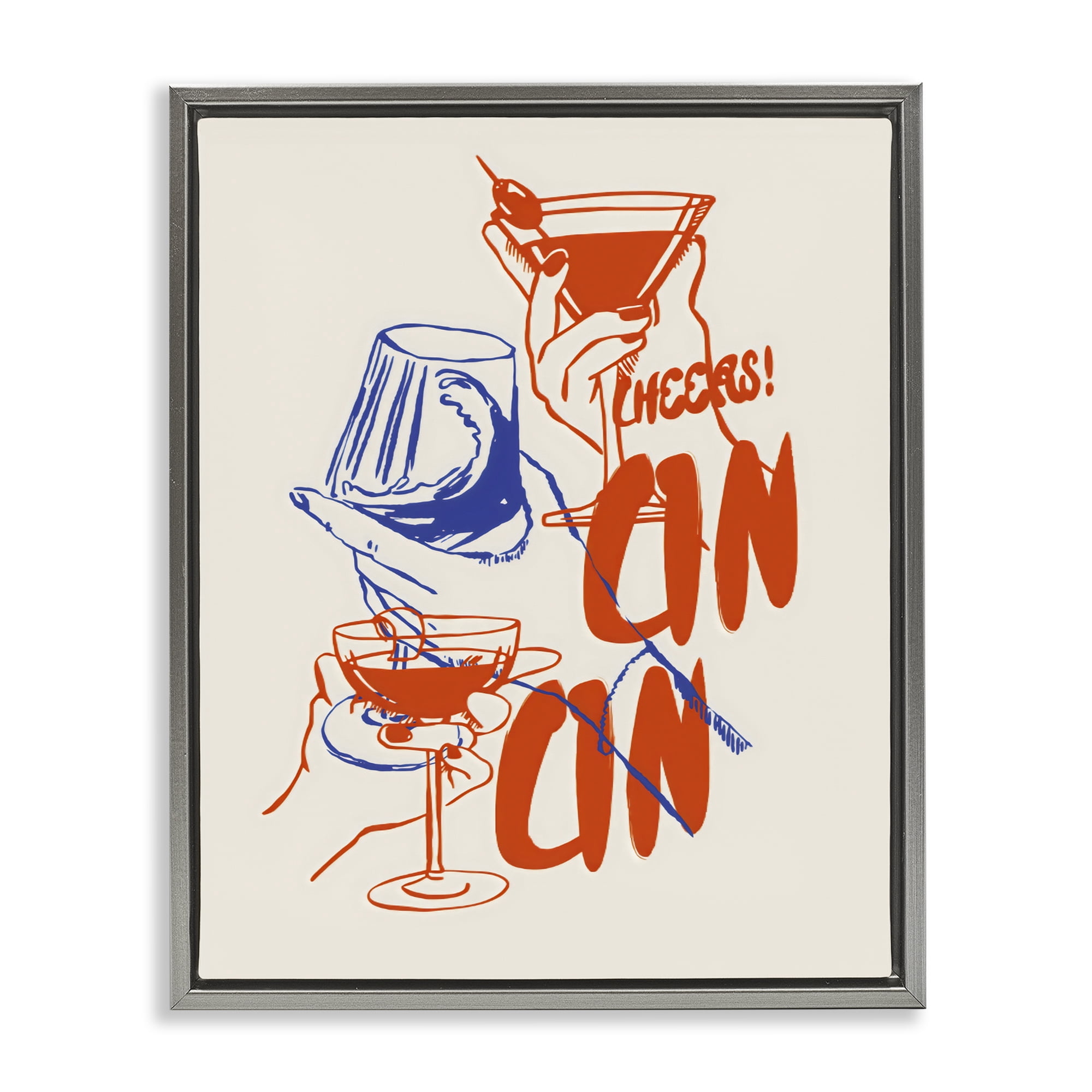 Stupell Industries Retro Cheers Cocktail Toast Gray Framed Floater Canvas Wall Art, design by The Prints Vibe