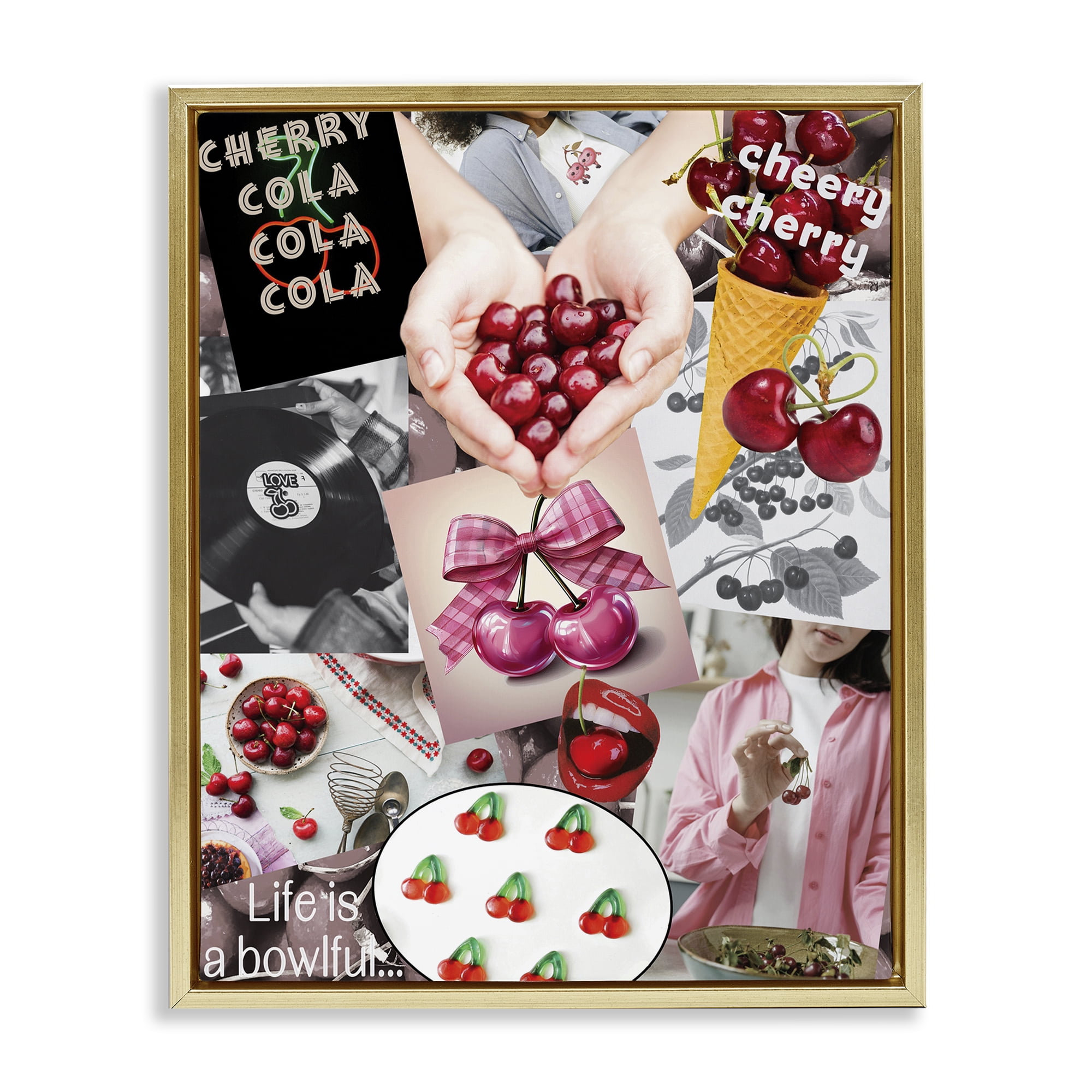 Stupell Industries Retro Cherry Mood Board Gold Framed Floater Canvas Wall Art, design by Grotto Studios
