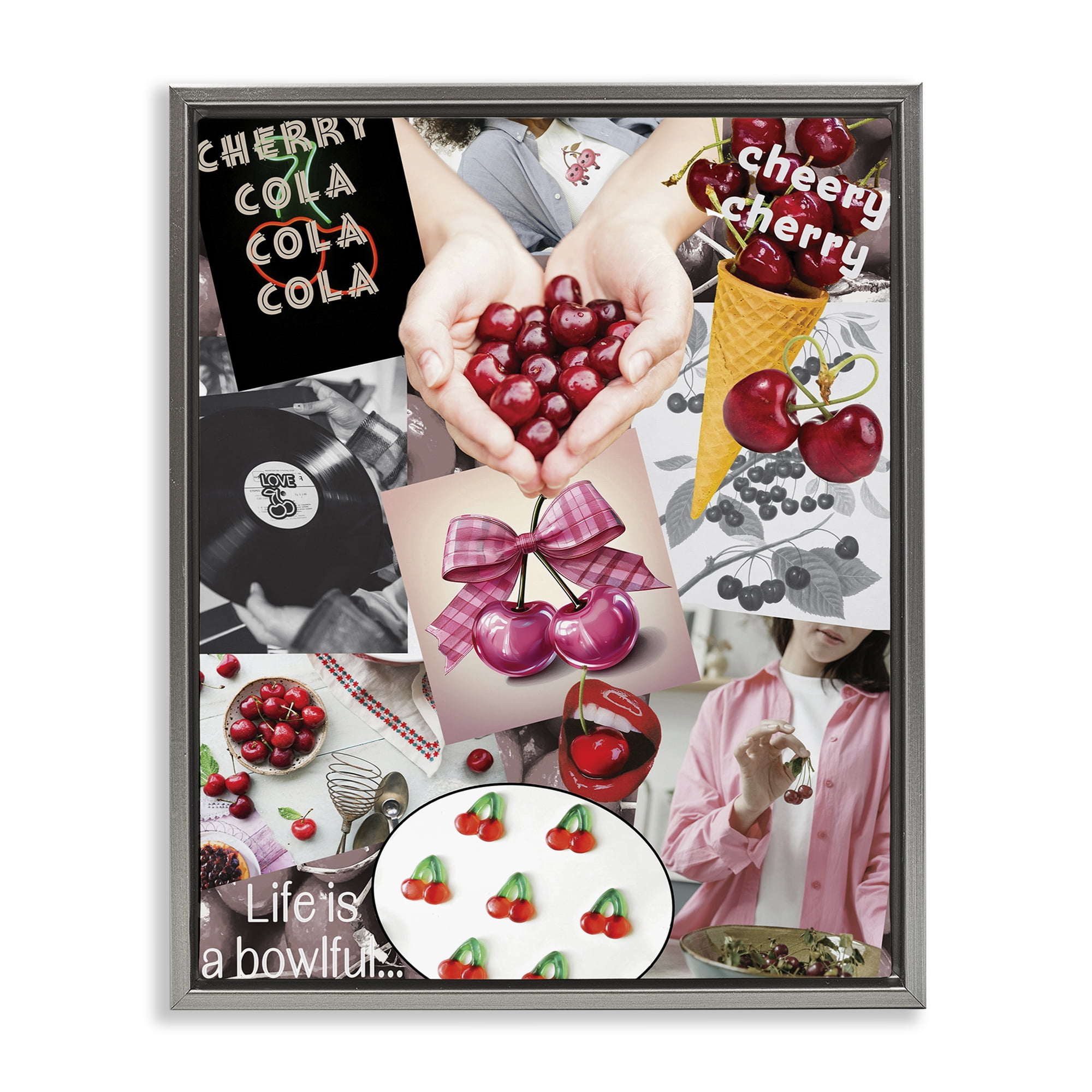 Stupell Industries Retro Cherry Mood Board Gray Framed Floater Canvas Wall Art, design by Grotto Studios