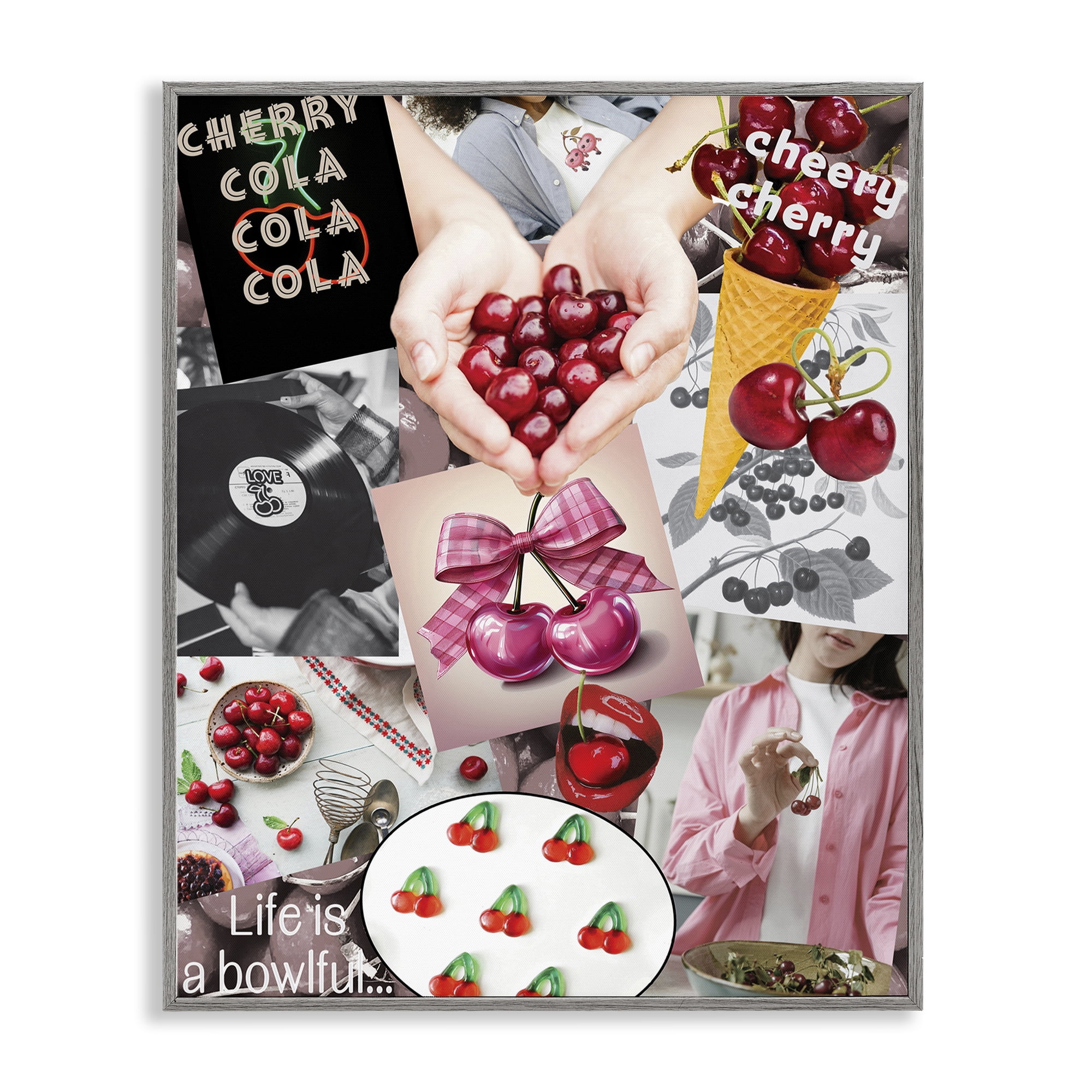 Stupell Industries Retro Cherry Mood Board Gray Framed Giclee Art, design by Grotto Studios