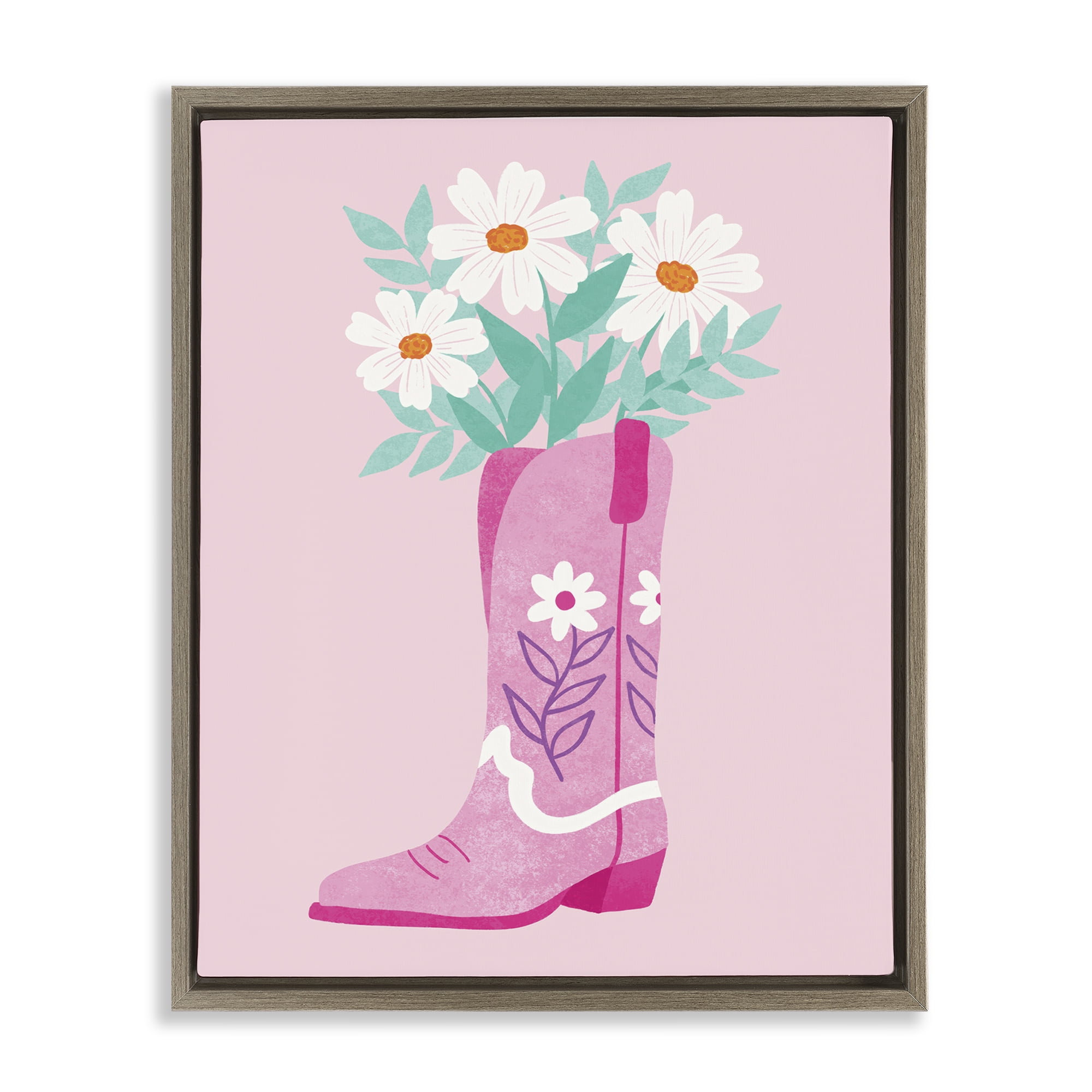 Stupell Industries Retro Cowgirl Bouquet Plants & Flowers Painting Brown Floater Framed Canvas Art Print Wall Art, 17 x 21