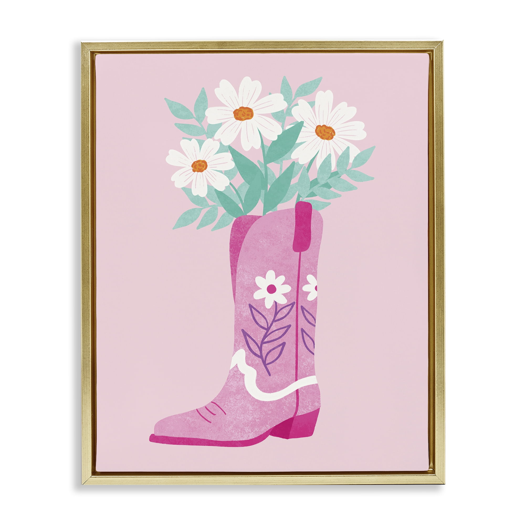 Stupell Industries Retro Cowgirl Bouquet Plants & Flowers Painting Gold Floater Framed Canvas Art Print Wall Art, 17 x 21