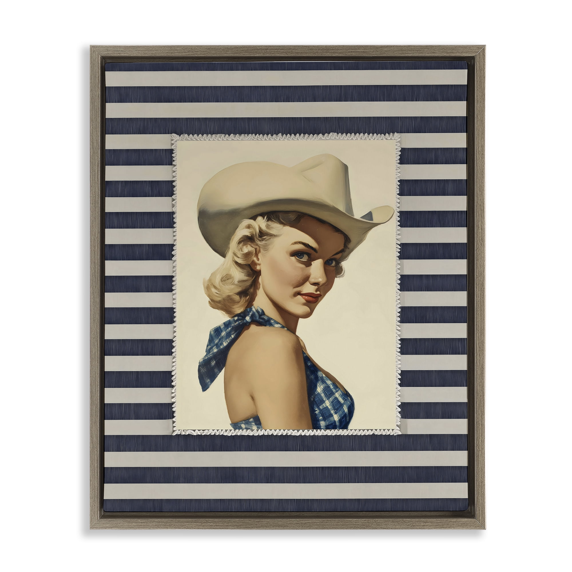Stupell Industries Retro Cowgirl Stripes Brown Framed Floater Canvas Wall Art, design by Arlington Prints