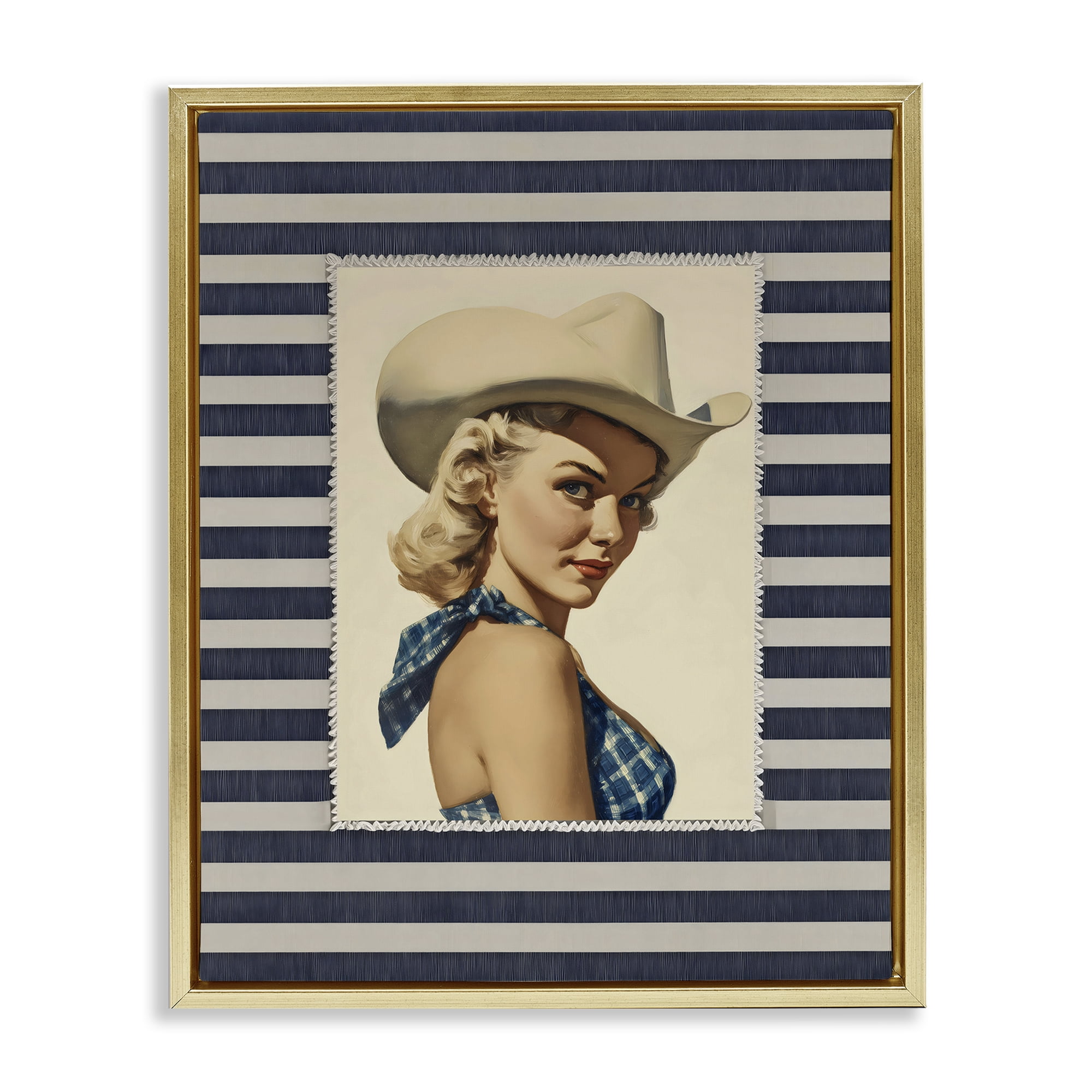 Stupell Industries Retro Cowgirl Stripes Gold Framed Floater Canvas Wall Art, design by Arlington Prints