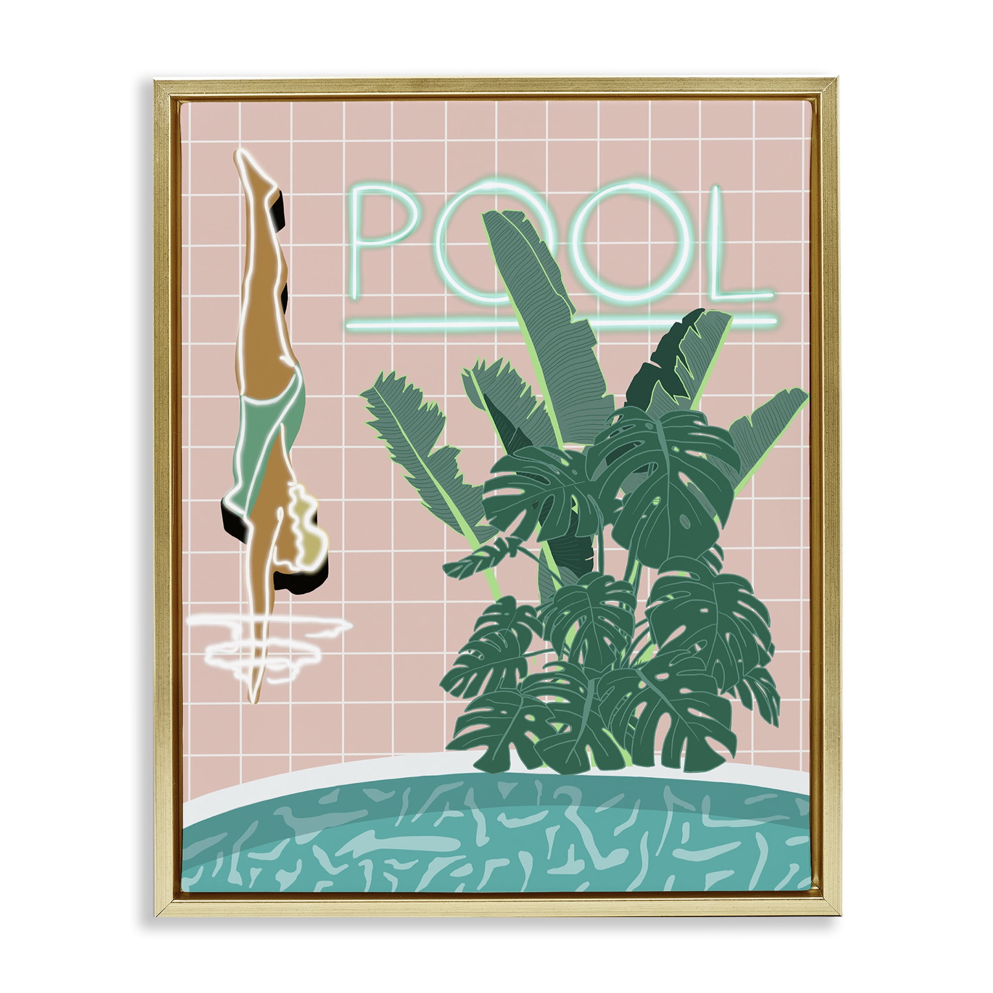 Stupell Industries Retro Diving Pool Typography Painting Gold Floater Framed Art Print Wall Art, 17 x 21