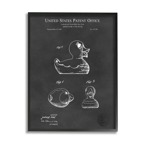 Stupell Industries Retro Duck Toy Blueprint Graphic Art Black Framed Art Print Wall Art, Design by Karl Hronek