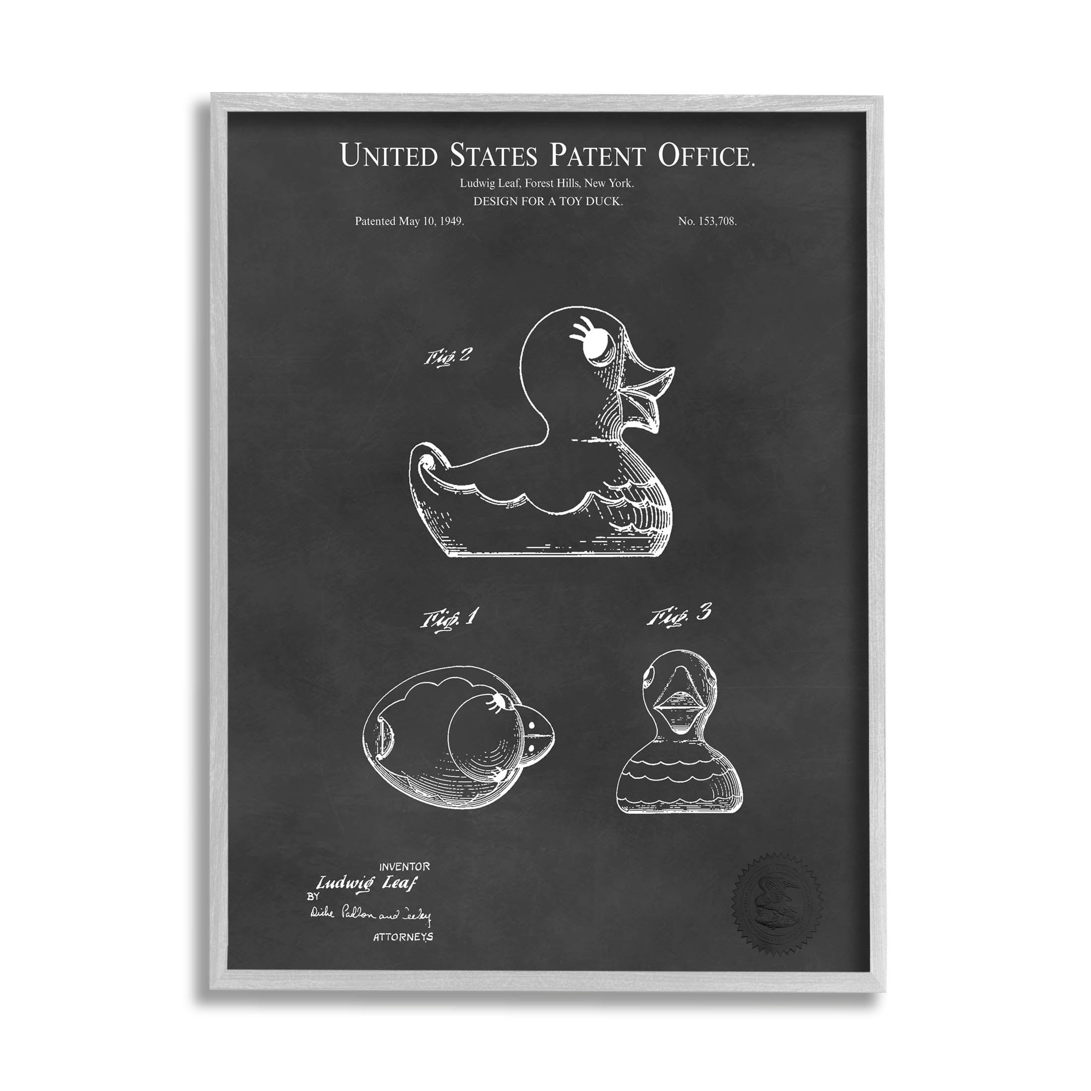 Stupell Industries Retro Duck Toy Blueprint Graphic Art Gray Framed Art Print Wall Art, Design by Karl Hronek