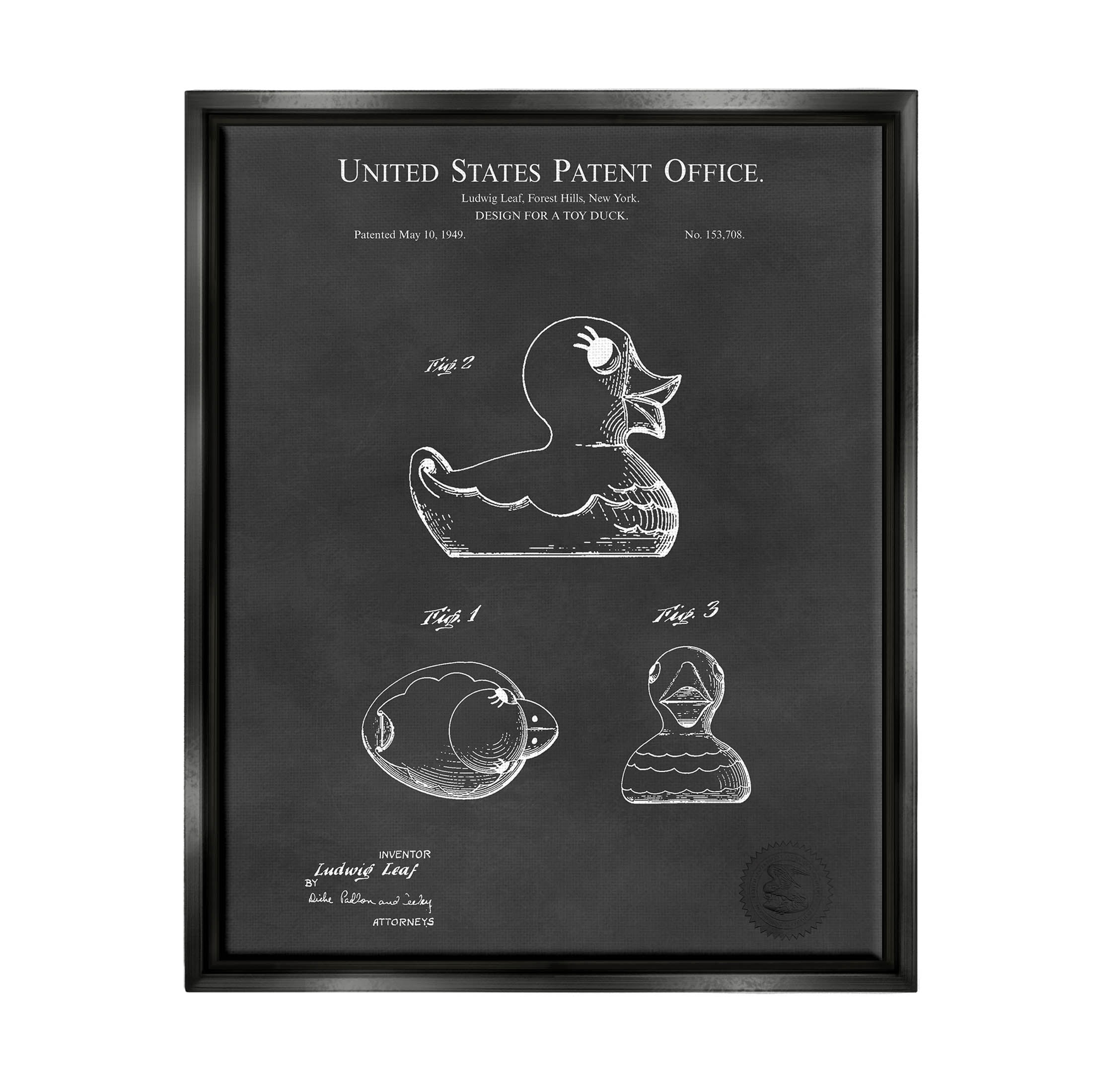 Stupell Industries Retro Duck Toy Blueprint Graphic Art Jet Black Floating Framed Canvas Print Wall Art, Design by Karl Hronek