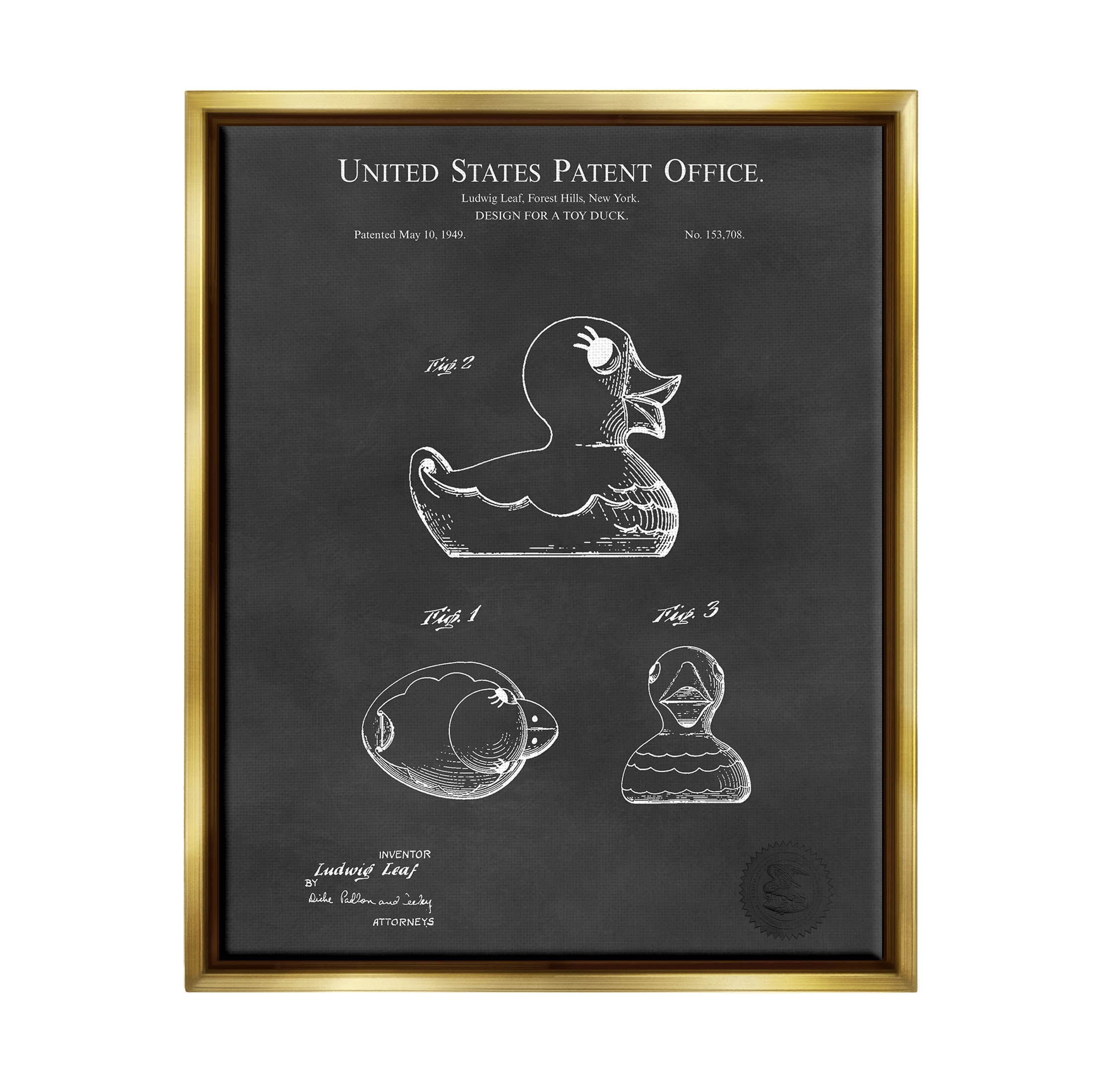 Stupell Industries Retro Duck Toy Blueprint Graphic Art Metallic Gold Floating Framed Canvas Print Wall Art, Design by Karl Hronek
