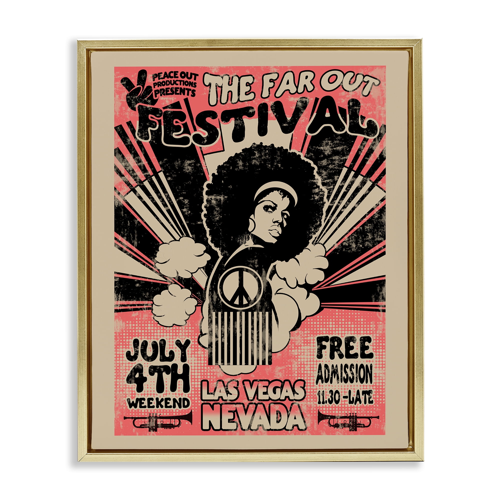 Stupell Industries Retro Far Out Festival Poster Gold Framed Floater Canvas Wall Art, design by Ali Chris