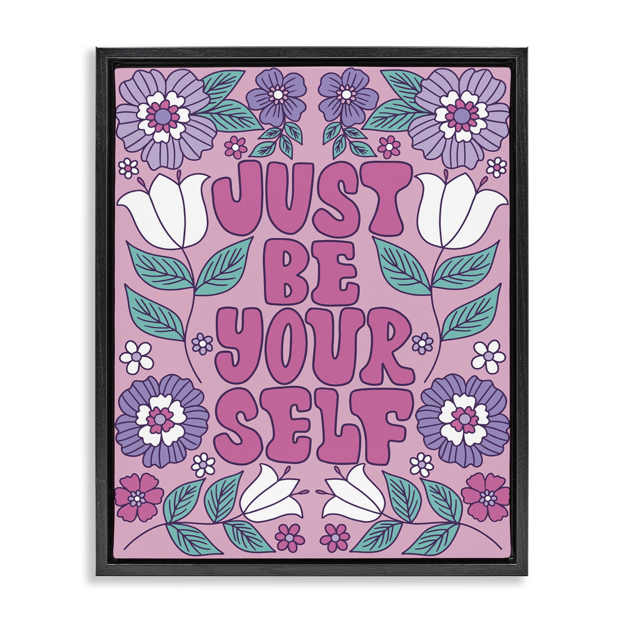 Stupell Industries Retro Floral Be Yourself Plants & Flowers Painting Black Floater Framed Canvas Art Print Wall Art, 17 x 21