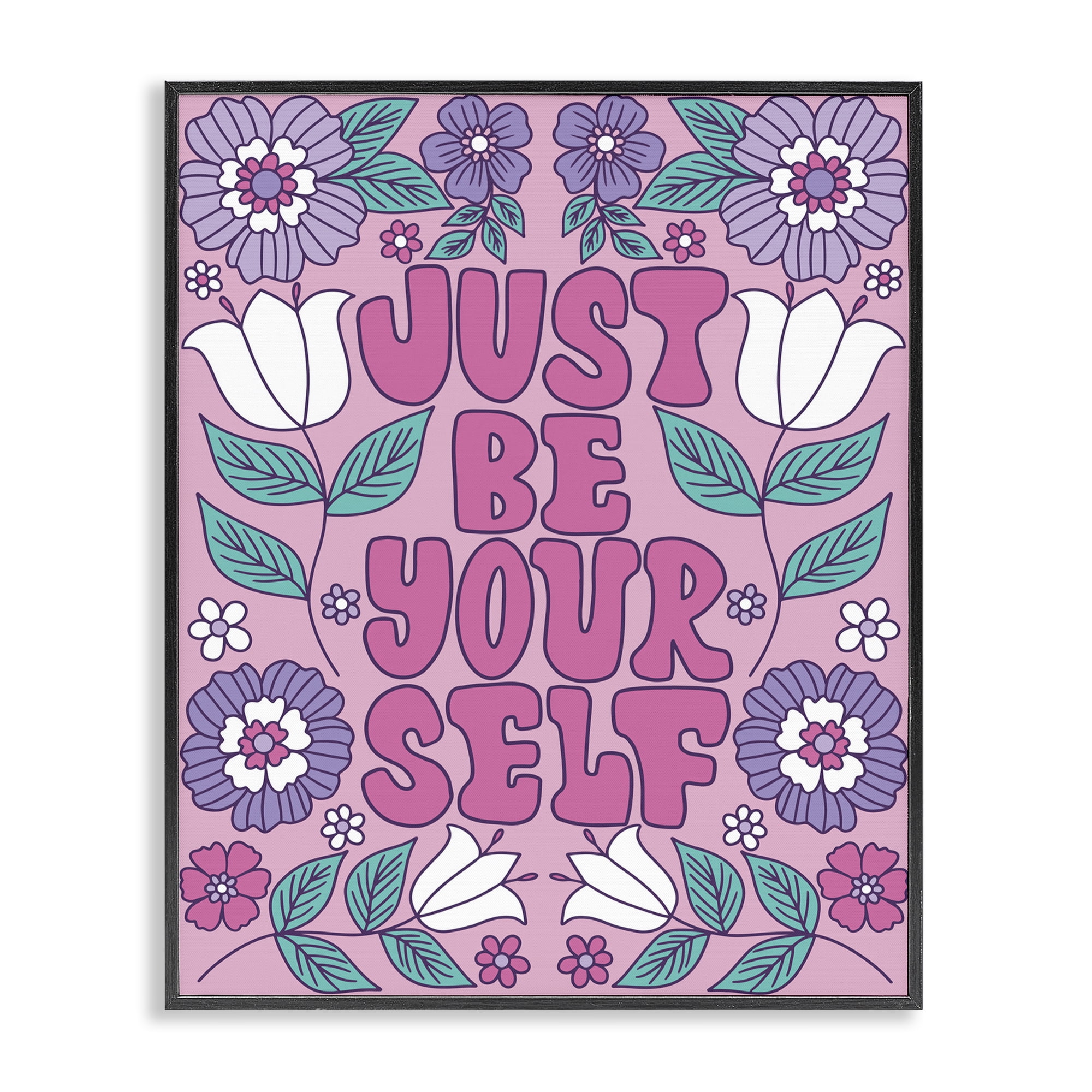 Stupell Industries Retro Floral Be Yourself Plants & Flowers Painting Black Framed Art Print Wall Art, 16 x 20