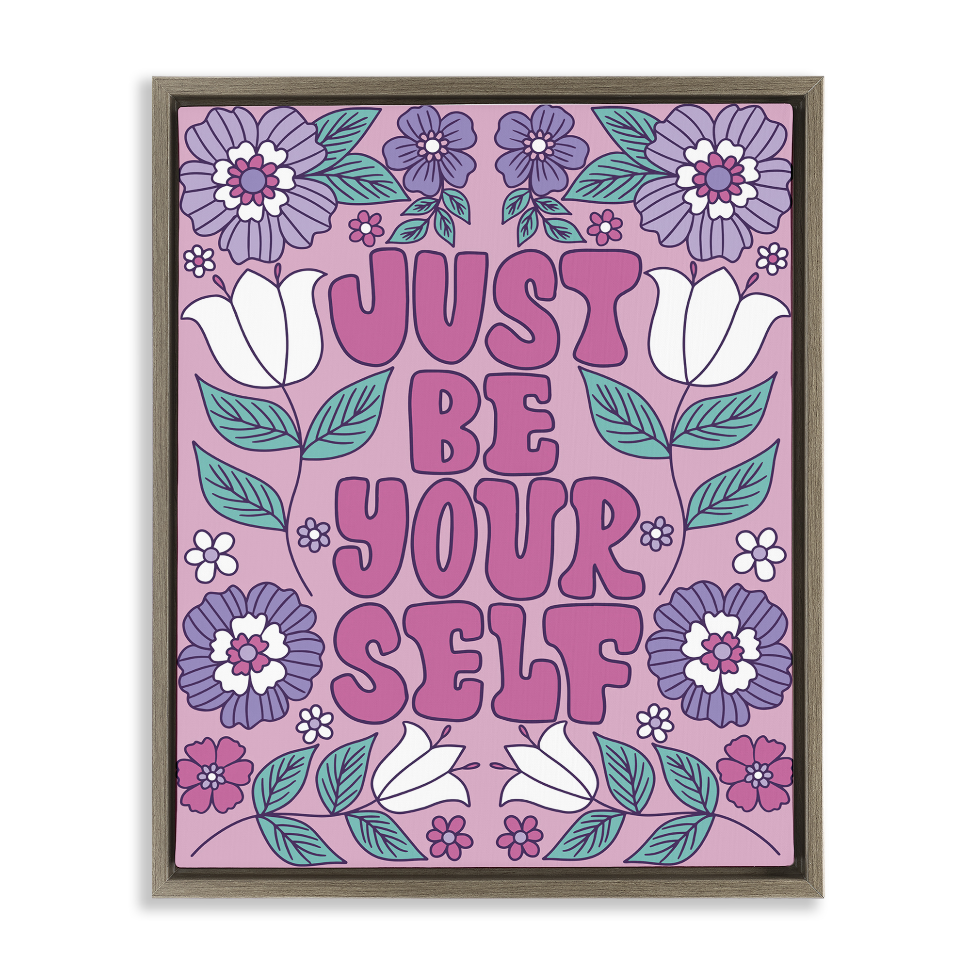 Stupell Industries Retro Floral Be Yourself Plants & Flowers Painting Brown Floater Framed Canvas Art Print Wall Art, 25 x 31