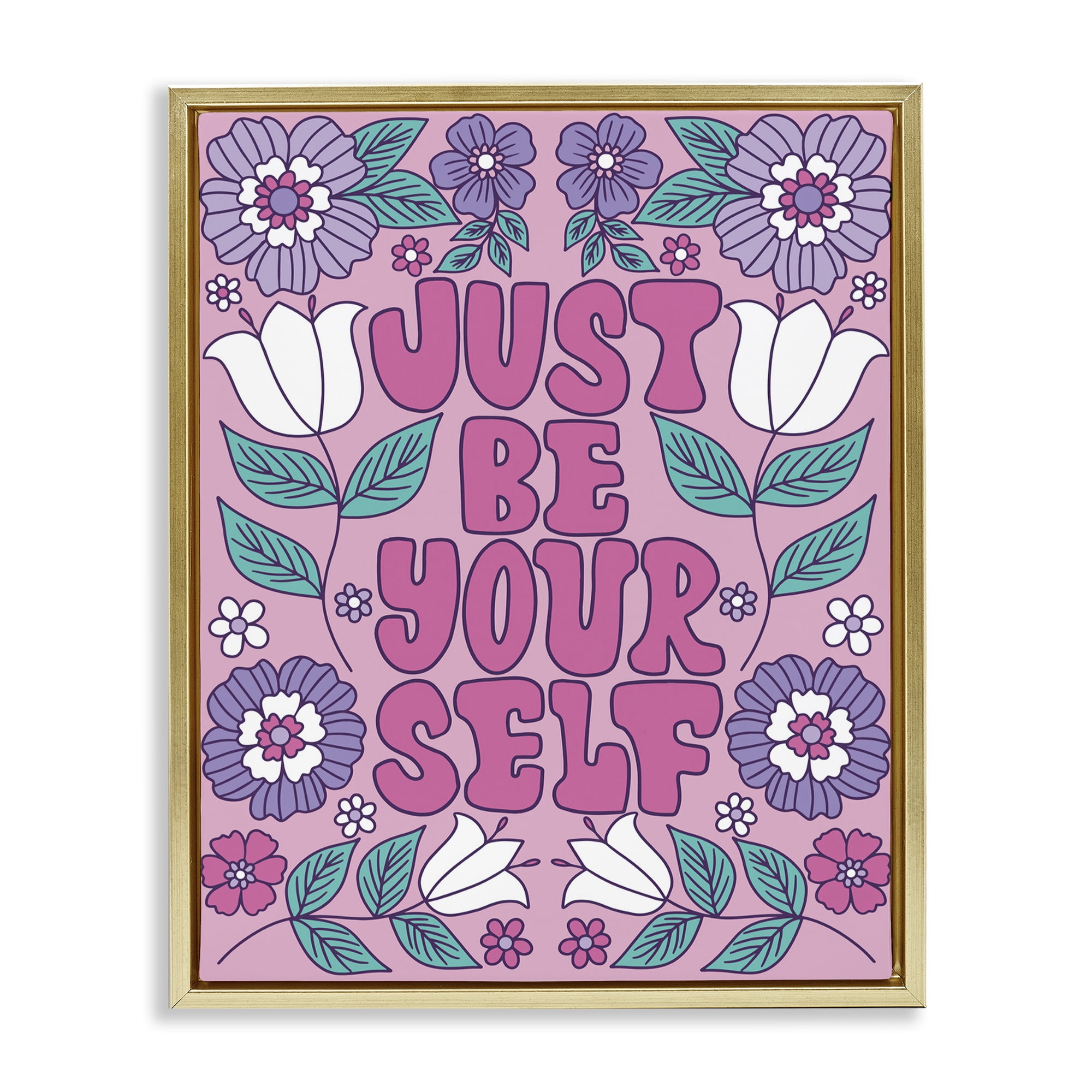 Stupell Industries Retro Floral Be Yourself Plants & Flowers Painting Gold Floater Framed Canvas Art Print Wall Art, 17 x 21