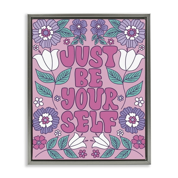 Stupell Industries Retro Floral Be Yourself Plants & Flowers Painting Gray Floater Framed Canvas Art Print Wall Art, 17 x 21