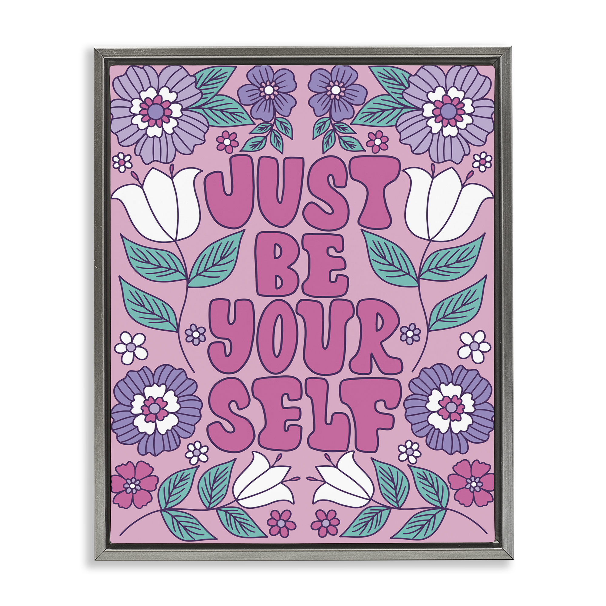 Stupell Industries Retro Floral Be Yourself Plants & Flowers Painting Gray Floater Framed Canvas Art Print Wall Art, 25 x 31