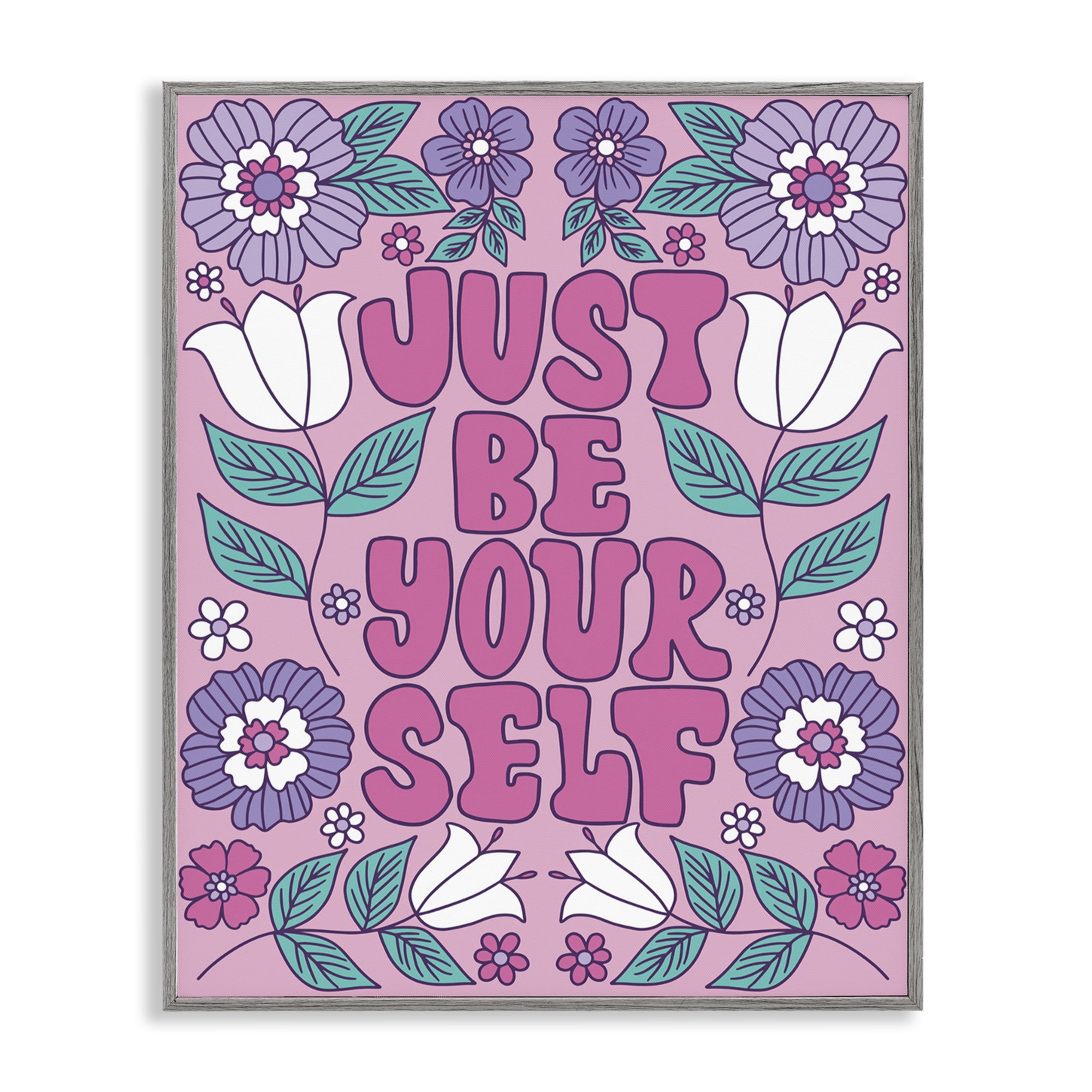 Stupell Industries Retro Floral Be Yourself Plants & Flowers Painting Gray Framed Art Print Wall Art, 16 x 20