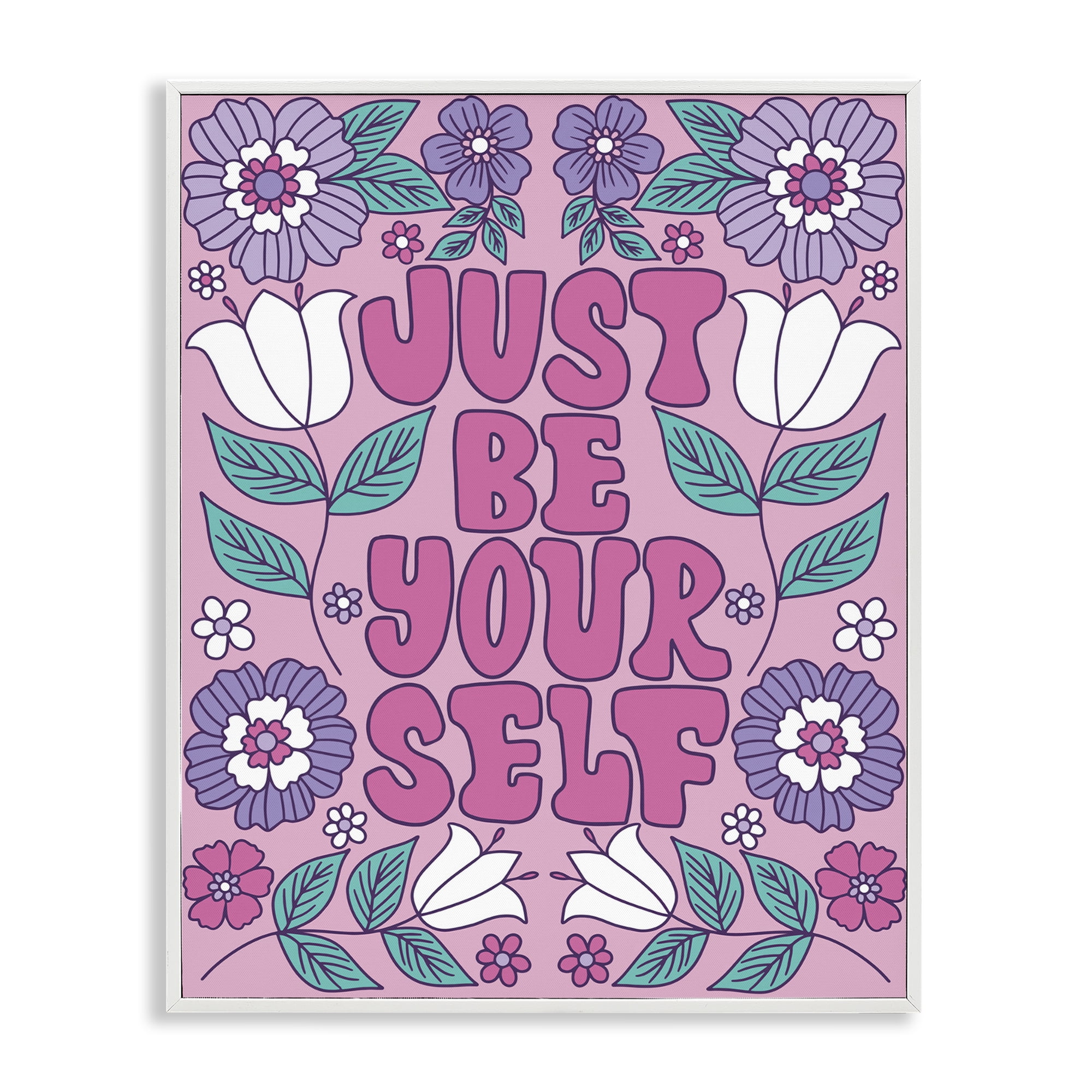 Stupell Industries Retro Floral Be Yourself Plants & Flowers Painting White Framed Art Print Wall Art, 24 x 30