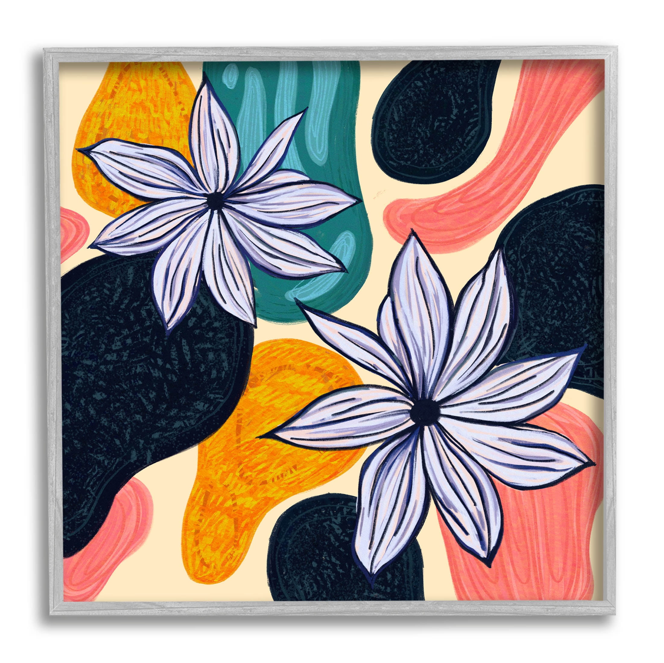 Stupell Industries Retro Floral Shapes Arrangement Graphic Art Gray Framed Art Print Wall Art, Design by Ziwei Li