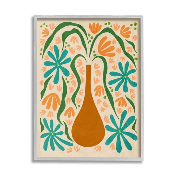 Stupell Industries Retro Floral Shapes Vase Graphic Art Gray Framed Art Print Wall Art, Design by Ziwei Li