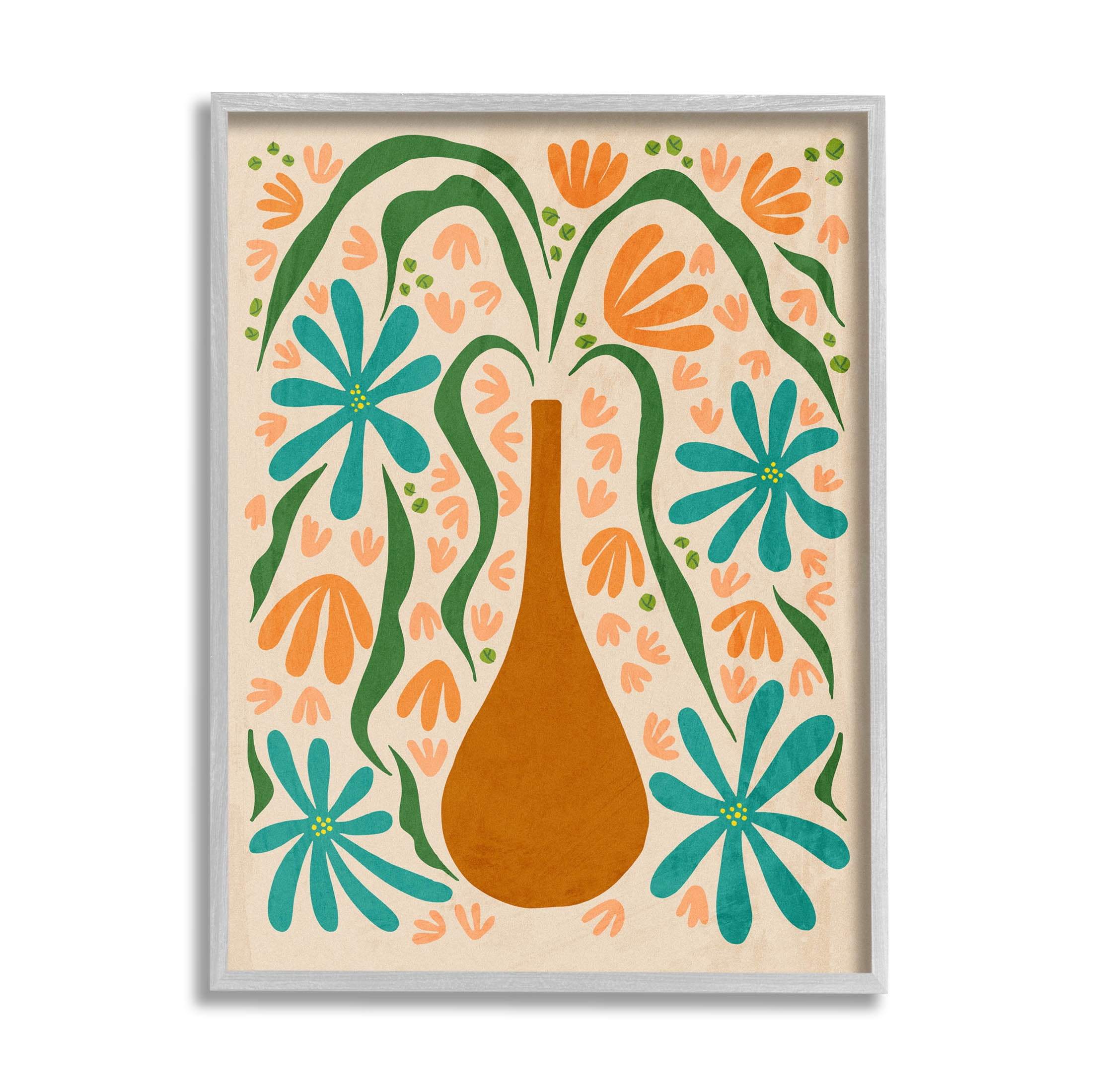 Stupell Industries Retro Floral Shapes Vase Graphic Art Gray Framed Art Print Wall Art, Design by Ziwei Li
