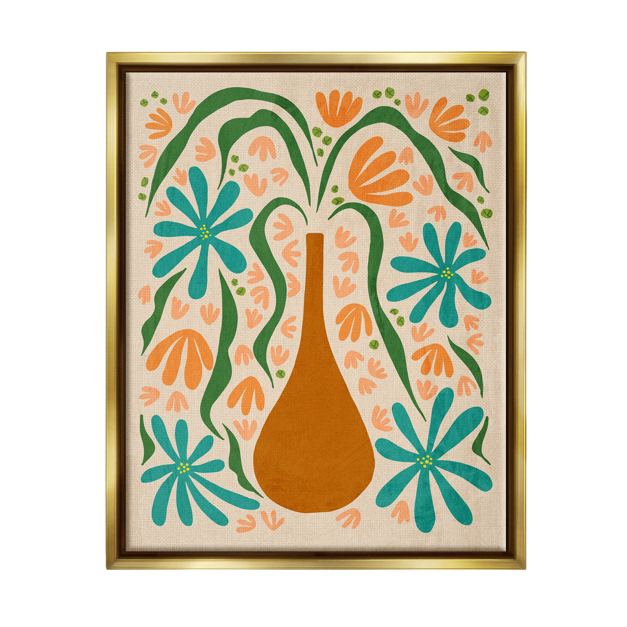 Stupell Industries Retro Floral Shapes Vase Graphic Art Metallic Gold Floating Framed Canvas Print Wall Art, Design by Ziwei Li