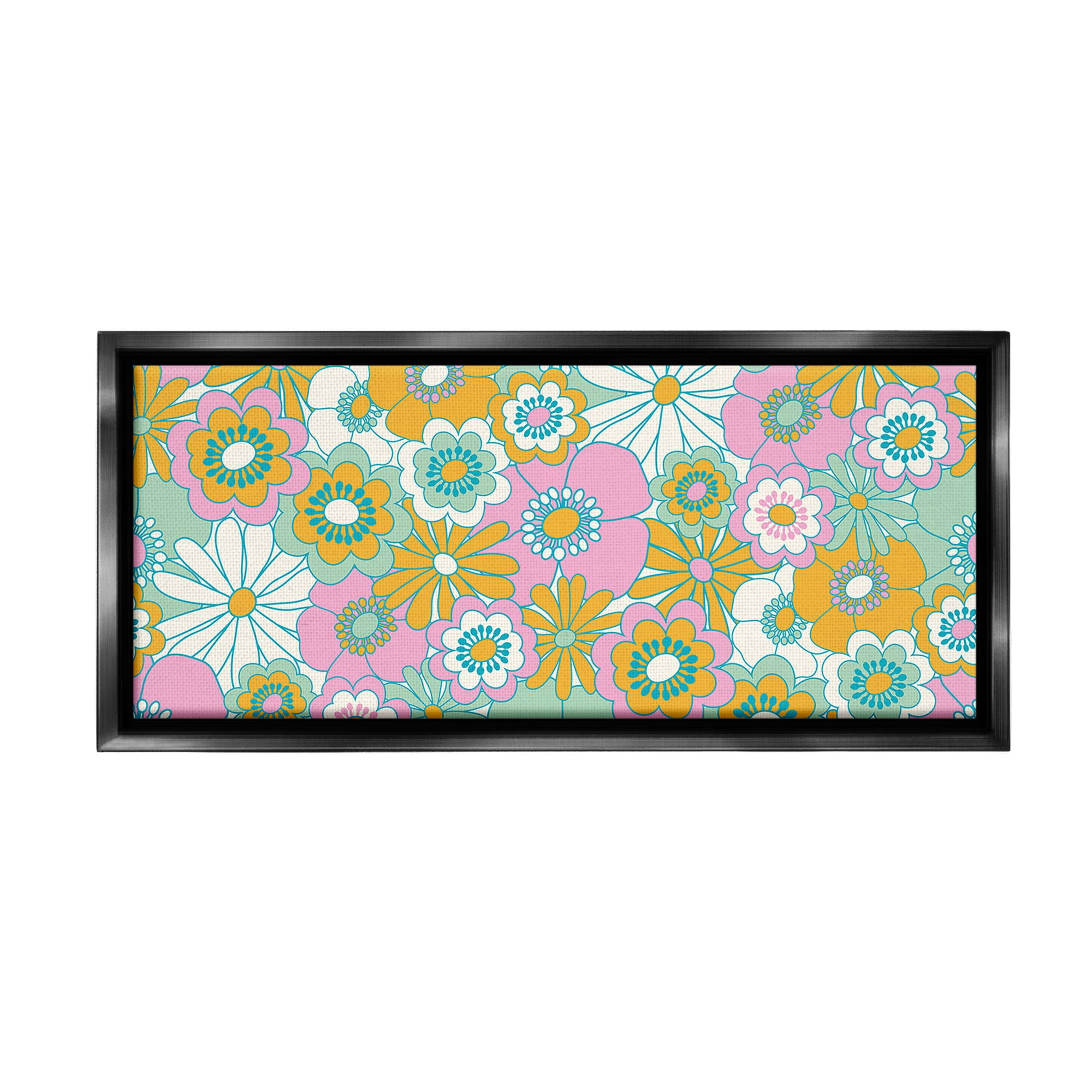 Stupell Industries Retro Flower Pattern Botanical & Floral Painting Black Floater Framed Canvas Art Print Wall Art, 25 x 11
