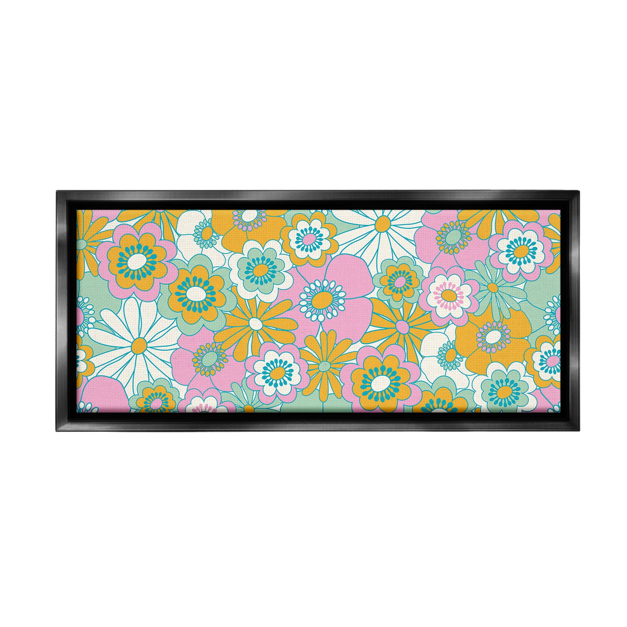 Stupell Industries Retro Flower Pattern Botanical & Floral Painting Black Floater Framed Canvas Art Print Wall Art, 31 x 14