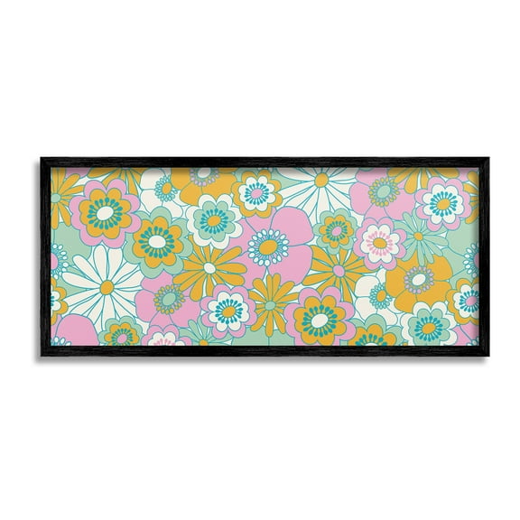 Stupell Industries Retro Flower Pattern Botanical & Floral Painting Black Framed Art Print Wall Art, 24 x 10