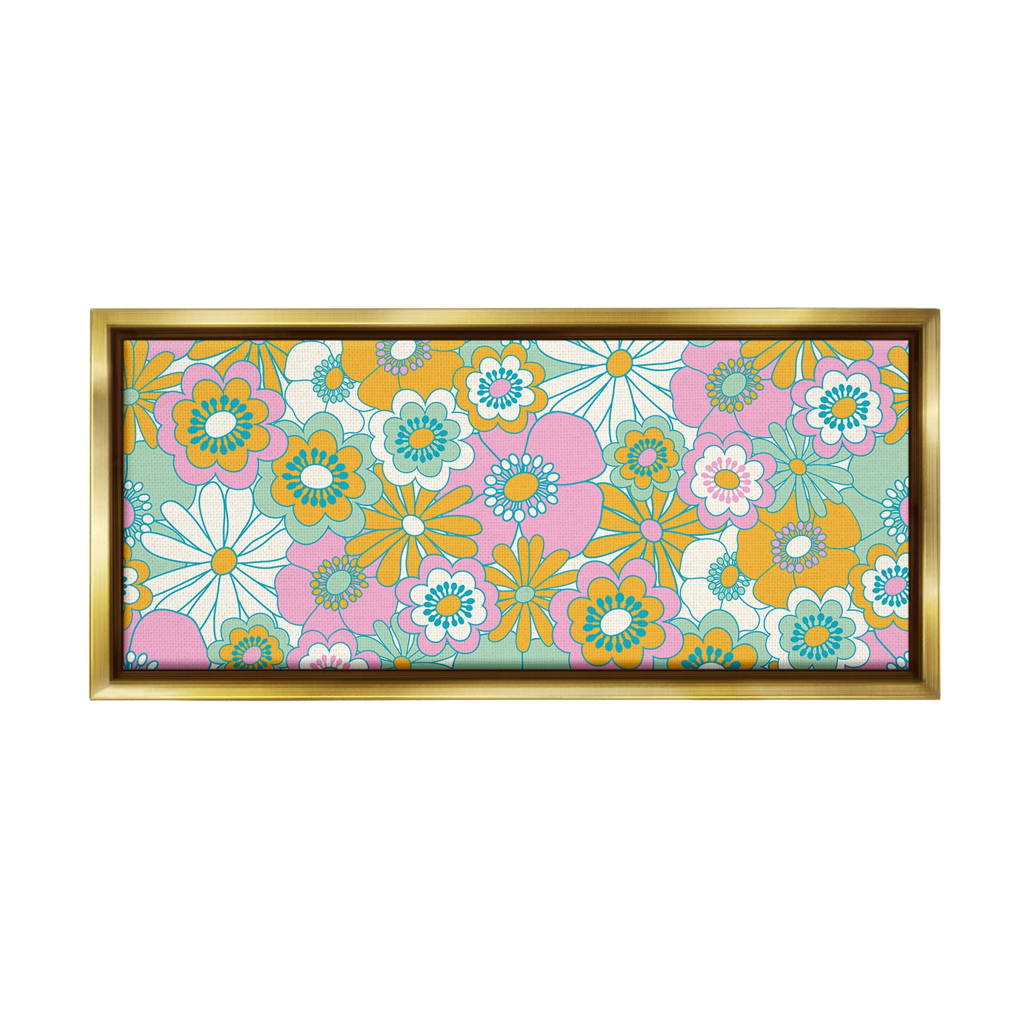 Stupell Industries Retro Flower Pattern Botanical & Floral Painting Gold Floater Framed Canvas Art Print Wall Art, 31 x 14