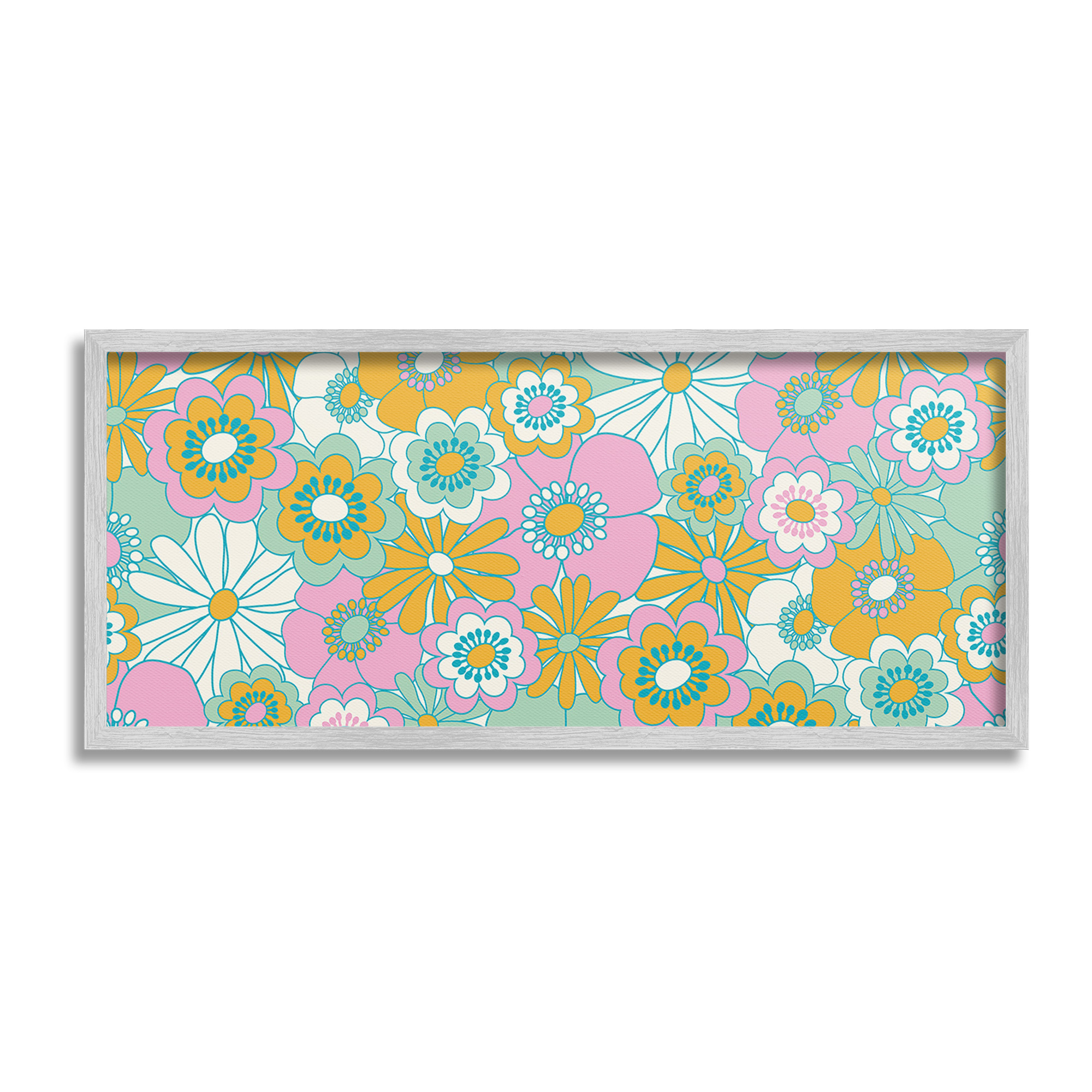 Stupell Industries Retro Flower Pattern Botanical & Floral Painting Gray Framed Art Print Wall Art, 24 x 10