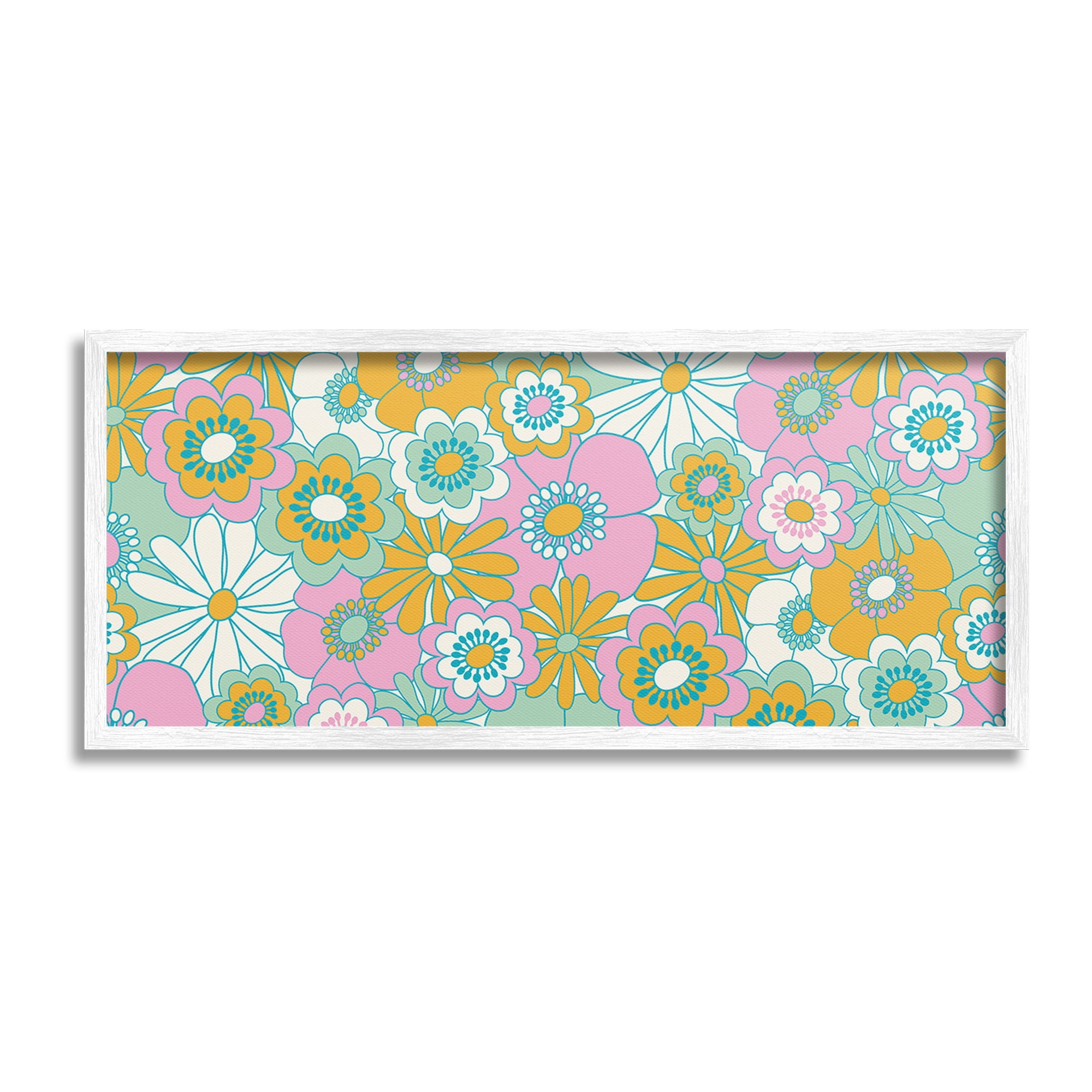Stupell Industries Retro Flower Pattern Botanical & Floral Painting White Framed Art Print Wall Art, 24 x 10