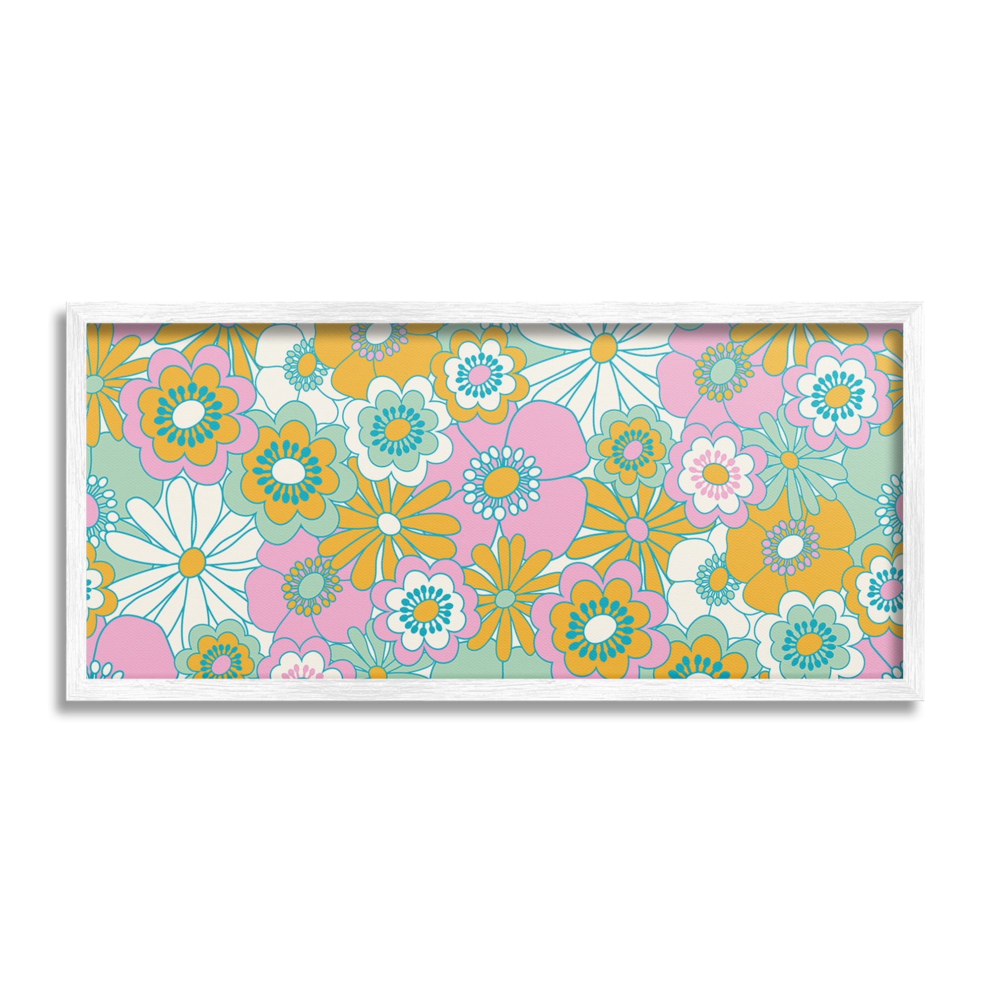 Stupell Industries Retro Flower Pattern Botanical & Floral Painting White Framed Art Print Wall Art, 30 x 13