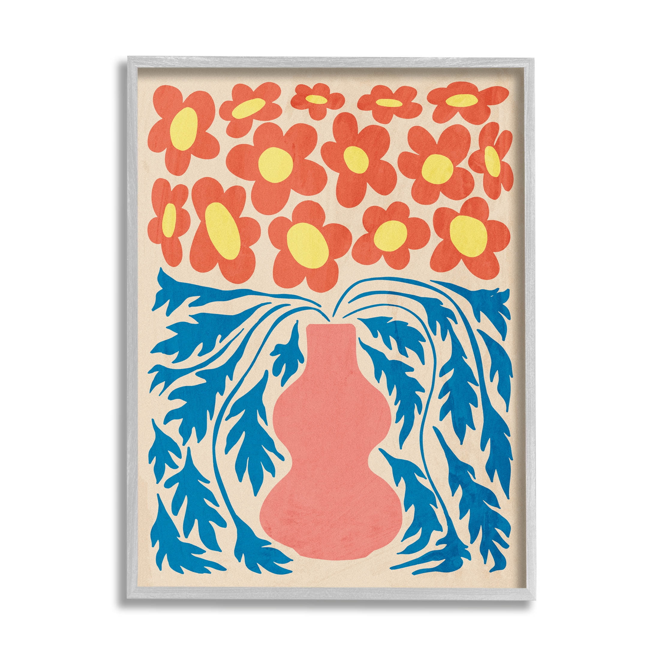 Stupell Industries Retro Flower Pattern Vase Graphic Art Gray Framed Art Print Wall Art, Design by Ziwei Li