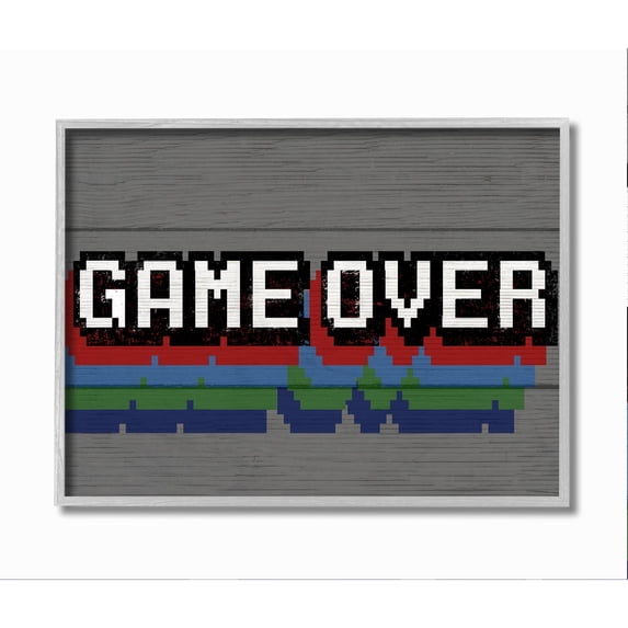 Stupell Industries Retro Game Over Phrase Rustic Video Game Text Framed Wall Art Design by Daphne Polselli, 11" x 14", Gray Framed