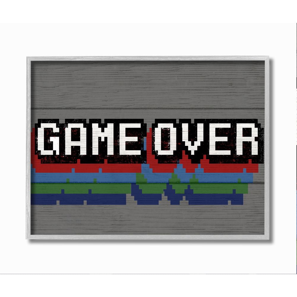 Stupell Industries Retro Game Over Phrase Rustic Video Game Text Framed Wall Art Design by Daphne Polselli, 16" x 20", Gray Framed